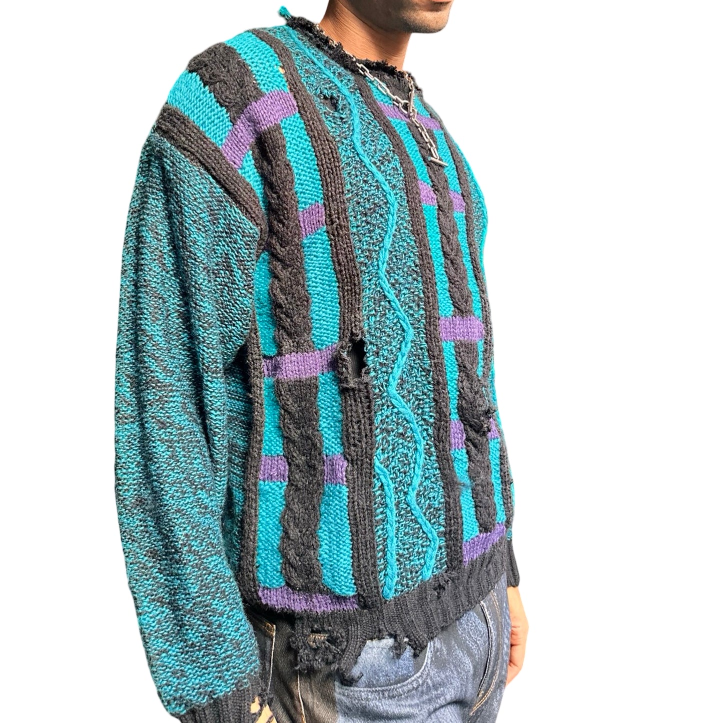 Vintage Cattivo blue crazy knit sweater with abstract raised pattern and marbled sleeves, 90s boxy fit, men's medium