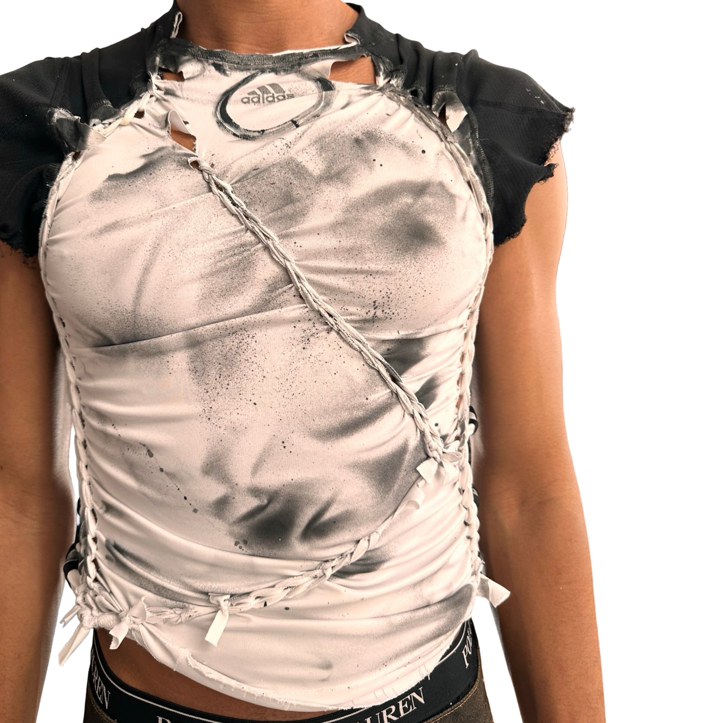 Front view 2 of ASTROBOI* x Adidas white compression T-shirt with black hand-painted details and braided twists. Custom streetwear piece made in NYC by ASTROBOI* STUDIO.