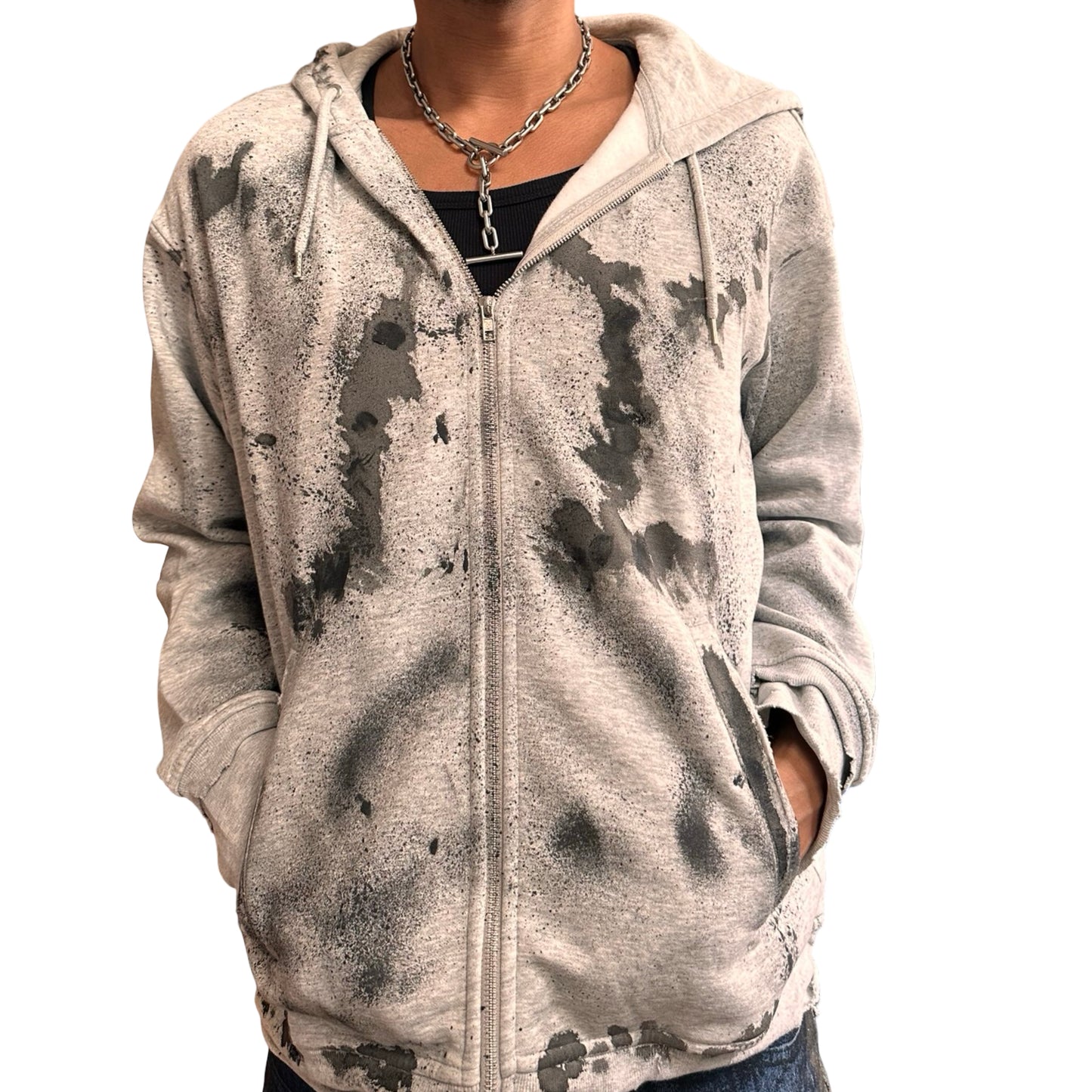 Front of ASTROBOI* grey distressed painted sweatshirt in XL with black hand-painted graphics, raw hem, and relaxed fit. Custom NYC streetwear.