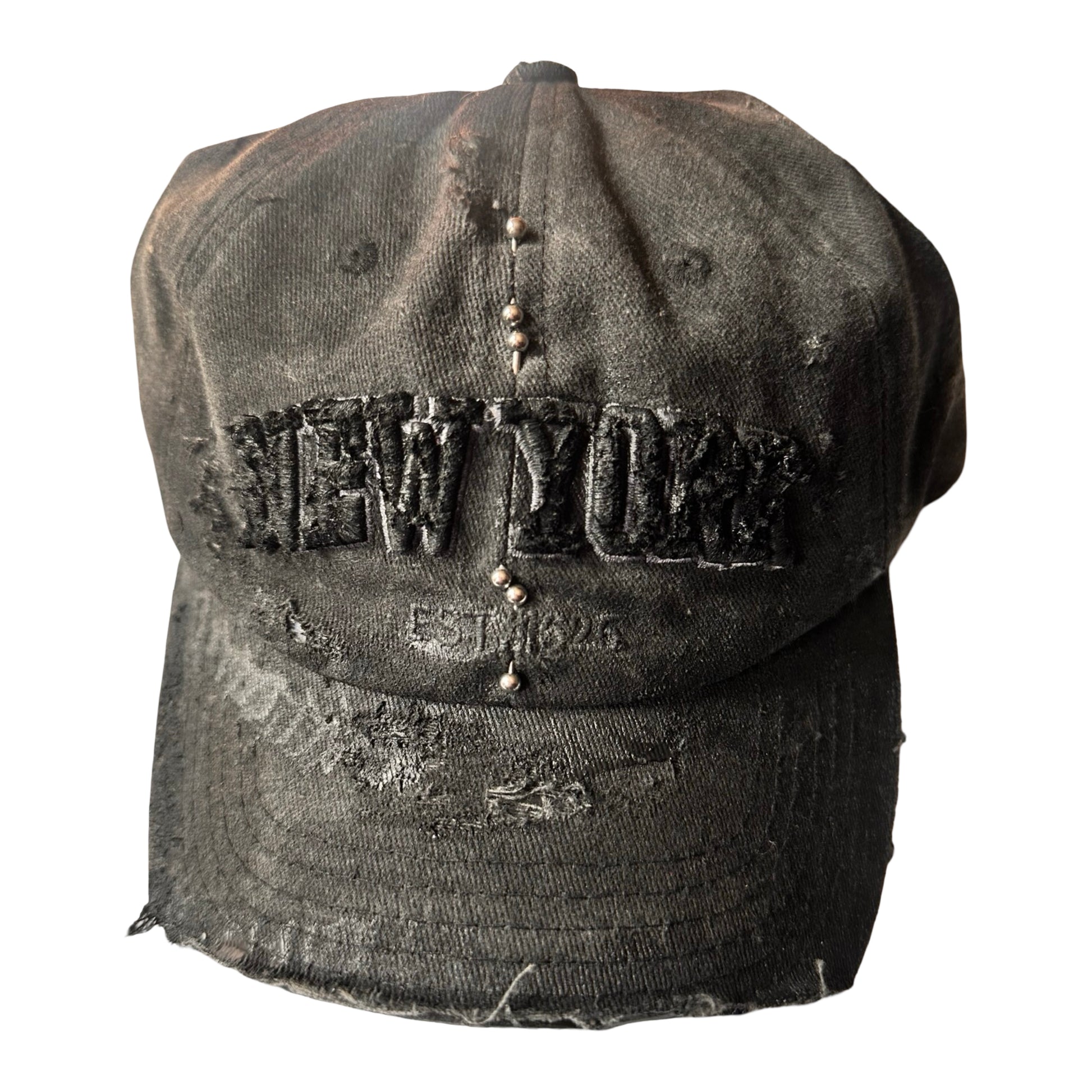 ASTROBOI* 'Kinky' New York Black Distressed Pierced Half Visor Hat - flat front 