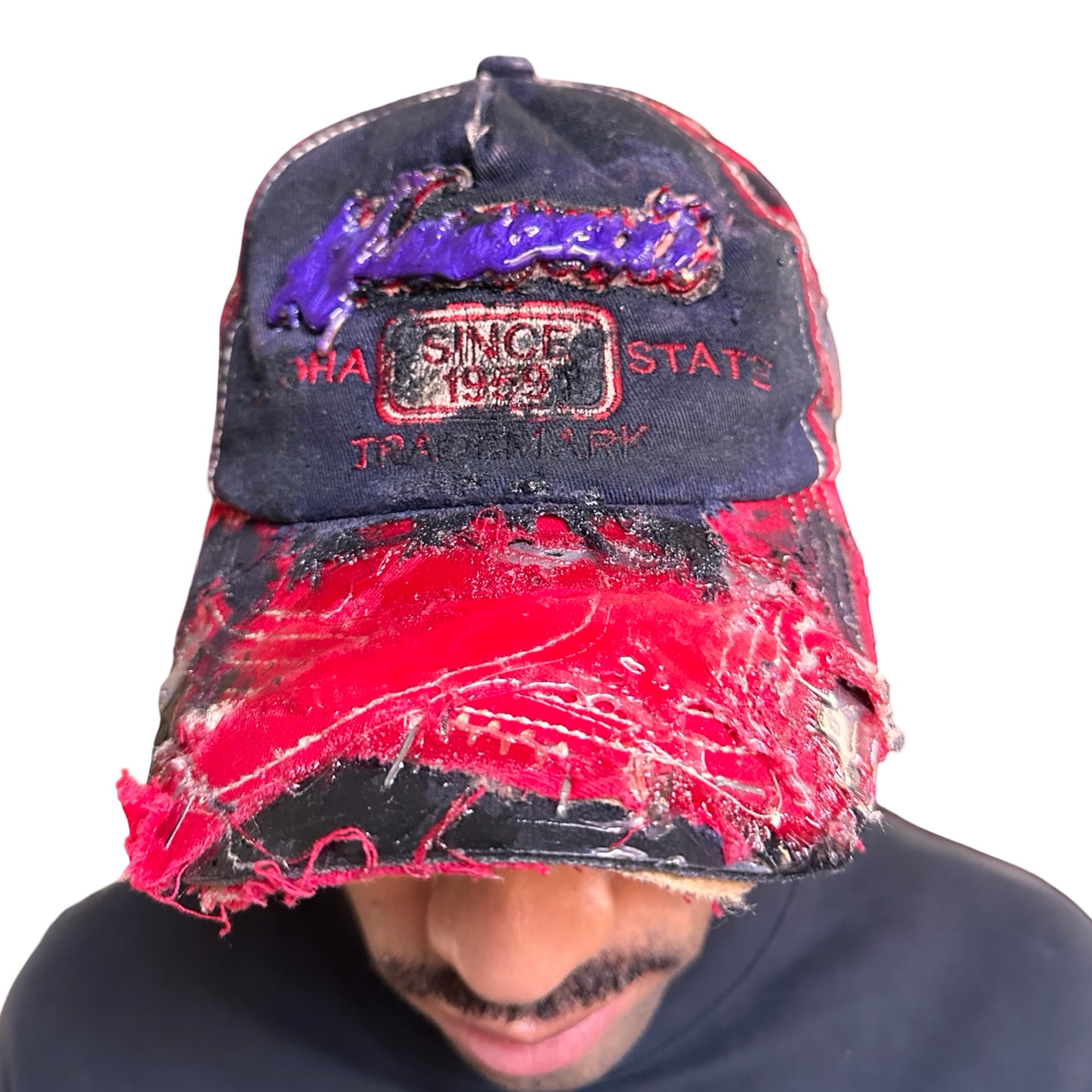 Front 2 of Blue and red ASTROBOI* hat featuring a purple resin-coated Hawaii graphic, deconstructed visor with clear resin, and black painted accents.