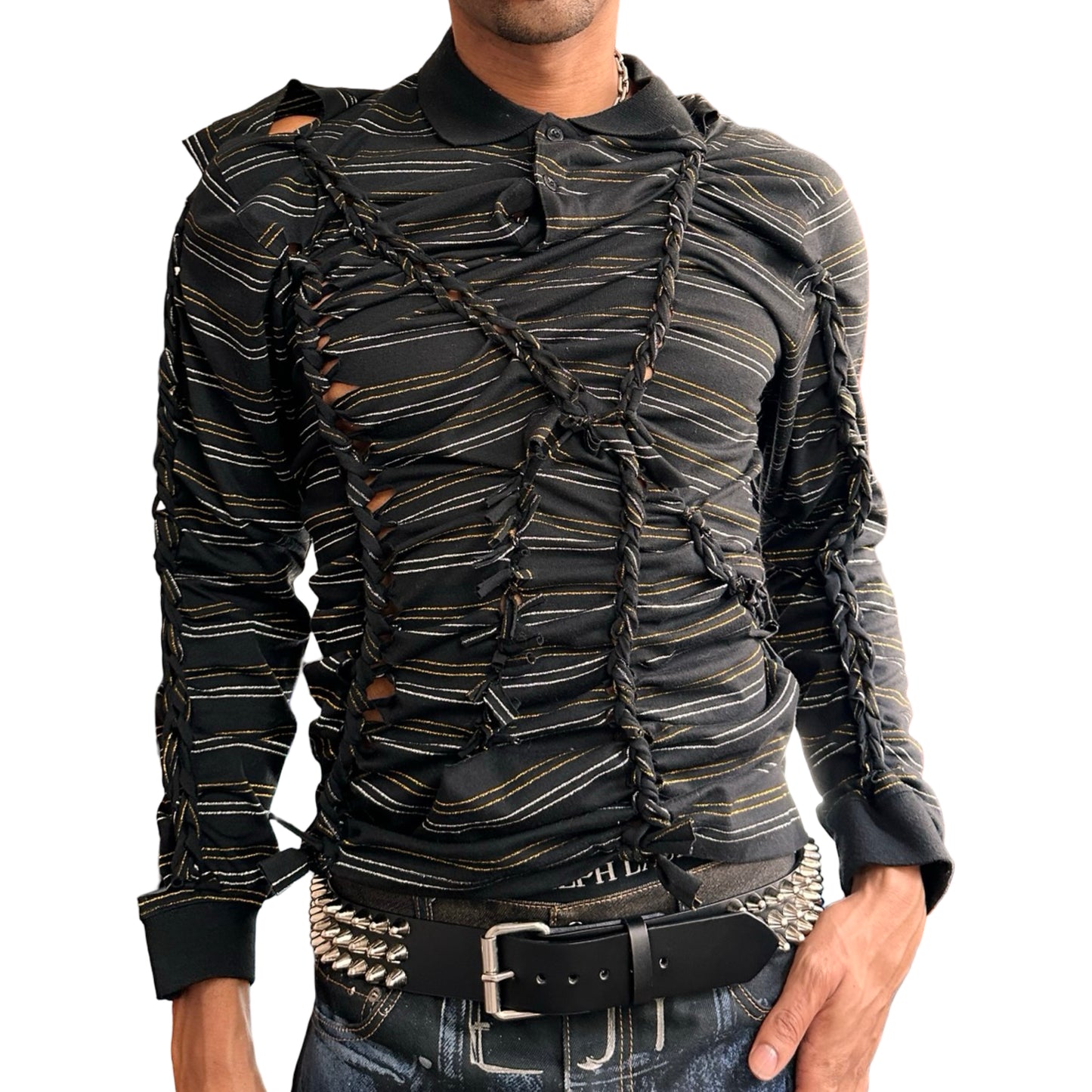 Front view of ASTROBOI* ‘Glam’ black metallic striped polo with braided twist detailing, gold and silver stripes, and a fitted body. Custom piece handmade in NYC.