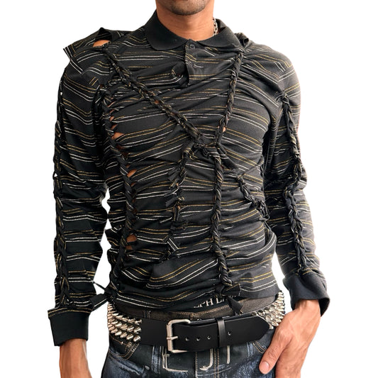 Front view of ASTROBOI* ‘Glam’ black metallic striped polo with braided twist detailing, gold and silver stripes, and a fitted body. Custom piece handmade in NYC.