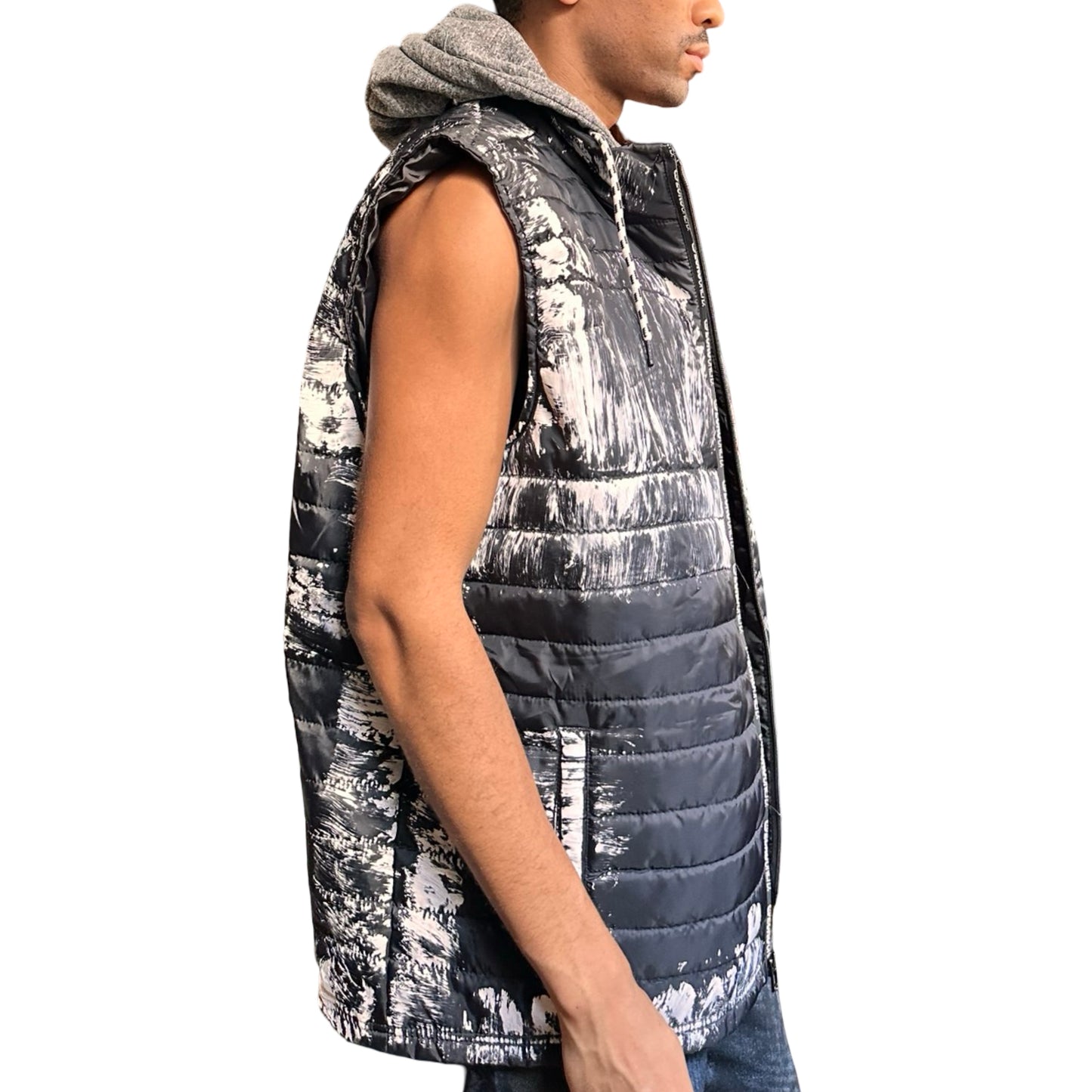 ASTROBOI* x Ecko Unltd black painted puffer vest with oversized gray hood, reflective logo, and white paint-stroke detailing. Custom streetwear made in NYC. RIght side 