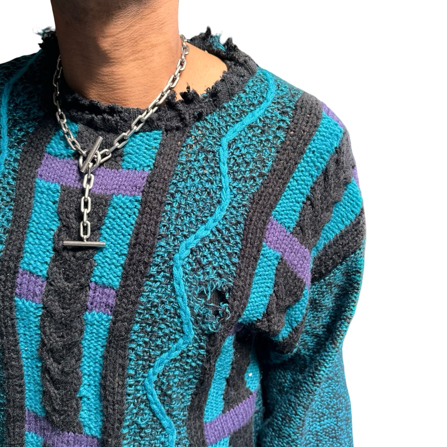 Vintage Cattivo blue crazy knit sweater with abstract raised pattern and marbled sleeves, 90s boxy fit, men's medium close up