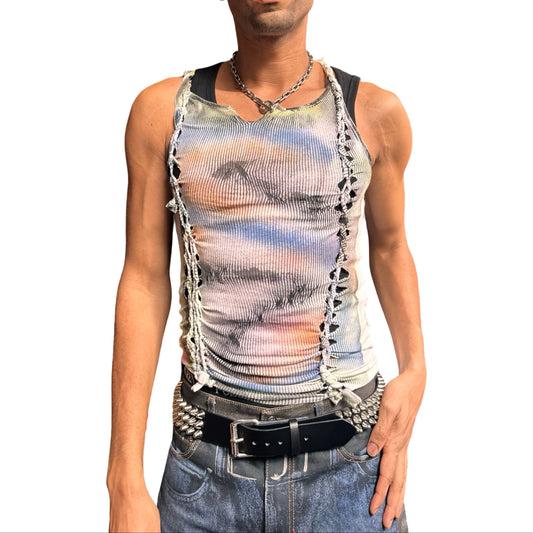 Overview of ASTROBOI* ‘Sunset’ white braided twist tank top with slashed detailing and a form-fitting silhouette. Handmade custom piece from ASTROBOI* STUDIO in NYC.