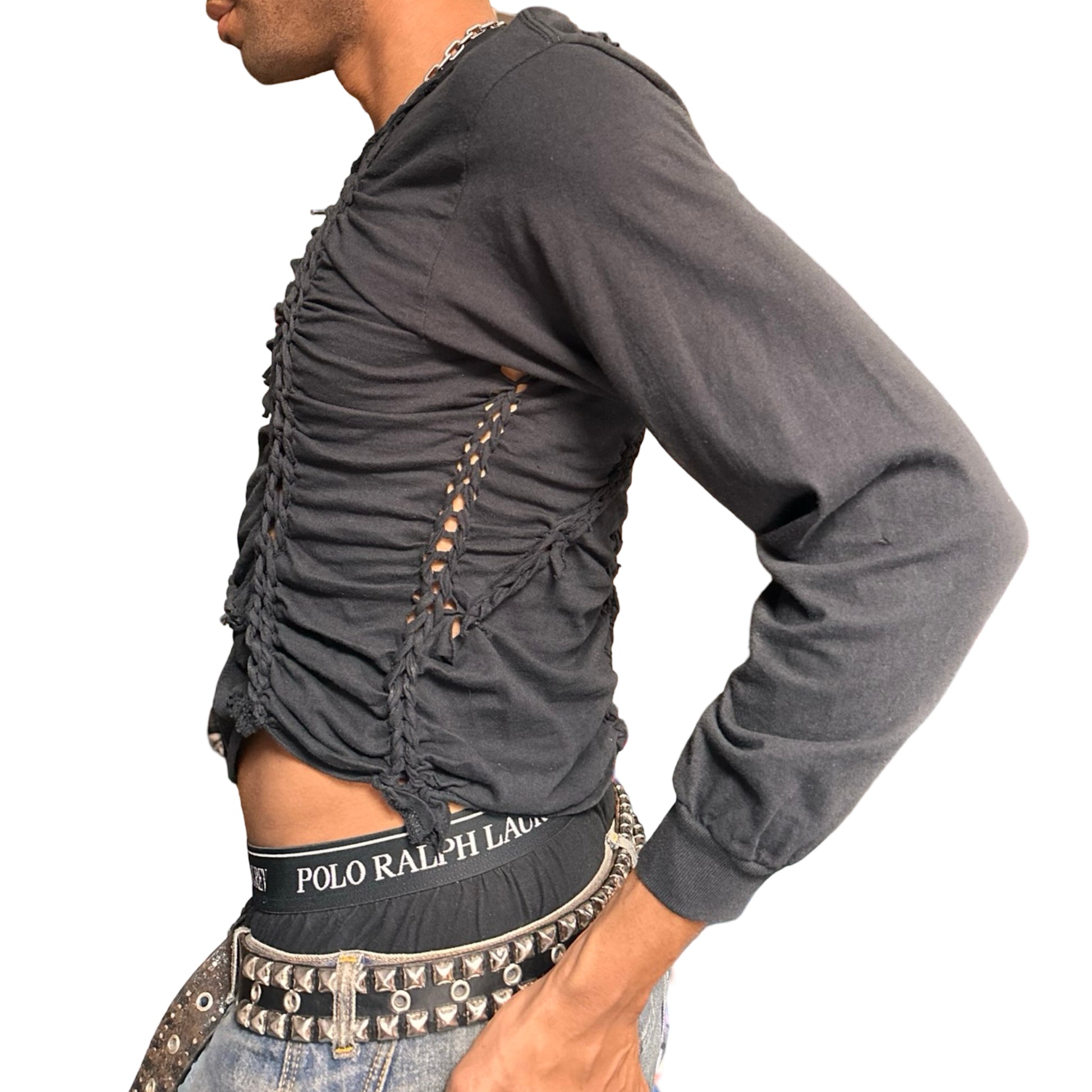 ASTROBOI* x Hanes 'Svart' Black Braided Twist Long Sleeve T-Shirt - left 