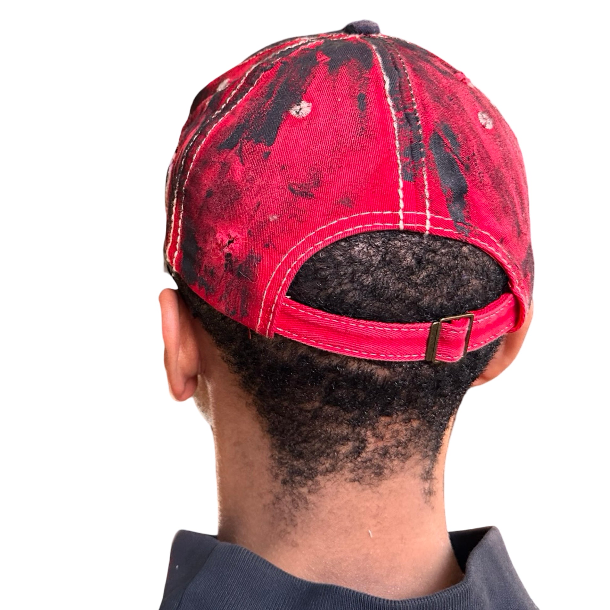Back of Blue and red ASTROBOI* hat featuring a purple resin-coated Hawaii graphic, deconstructed visor with clear resin, and black painted accents.