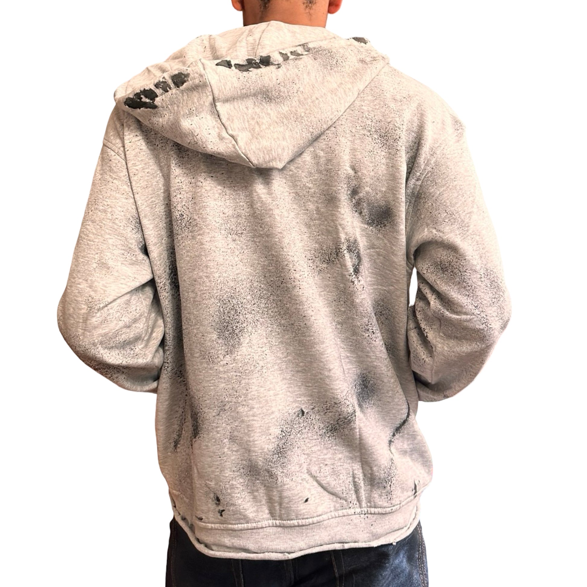 Back of ASTROBOI* grey distressed painted sweatshirt in XL with black hand-painted graphics, raw hem, and relaxed fit. Custom NYC streetwear.
