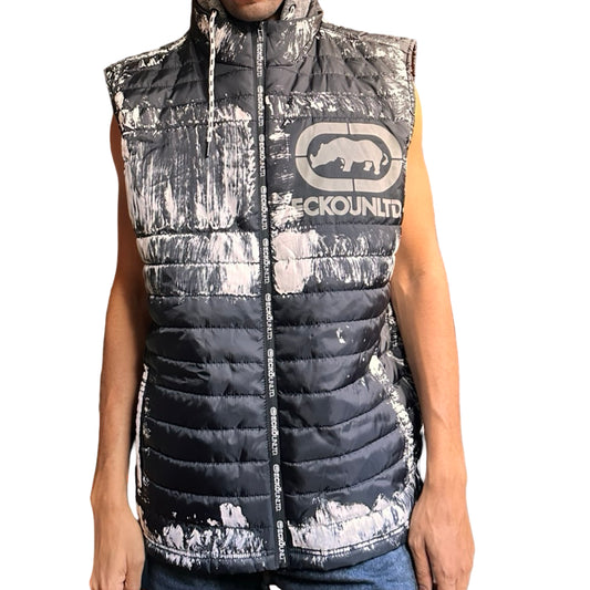 ASTROBOI* x Ecko Unltd black painted puffer vest with oversized gray hood, reflective logo, and white paint-stroke detailing. Custom streetwear made in NYC. Vest zipped 