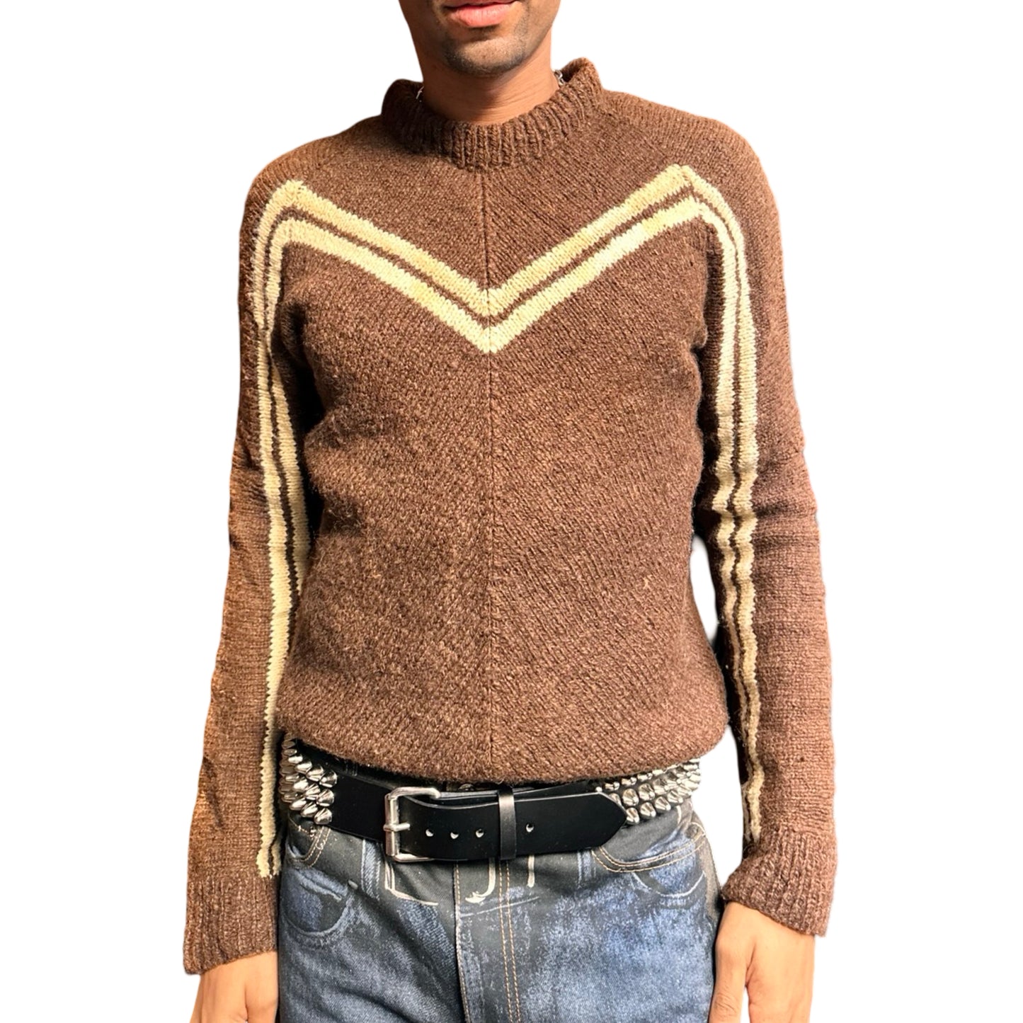 Vintage brown wool sweater with cream V pattern across the chest and sleeves, Prada-inspired design, size large. front 