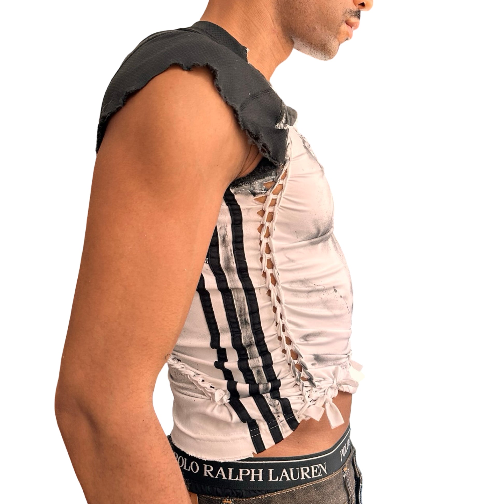 Left side of ASTROBOI* x Adidas white compression T-shirt with black hand-painted details and braided twists. Custom streetwear piece made in NYC by ASTROBOI* STUDIO.