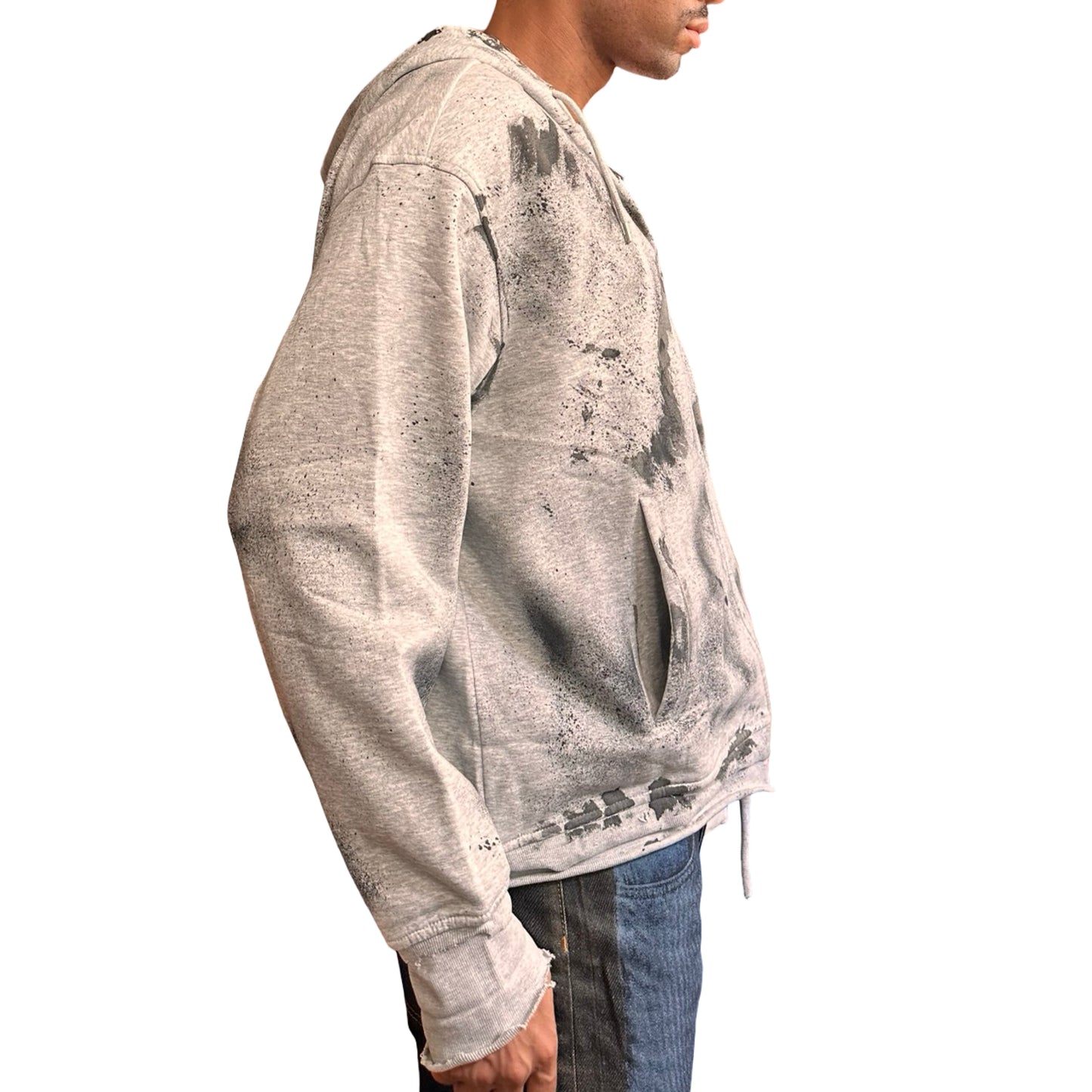 Right of ASTROBOI* grey distressed painted sweatshirt in XL with black hand-painted graphics, raw hem, and relaxed fit. Custom NYC streetwear.