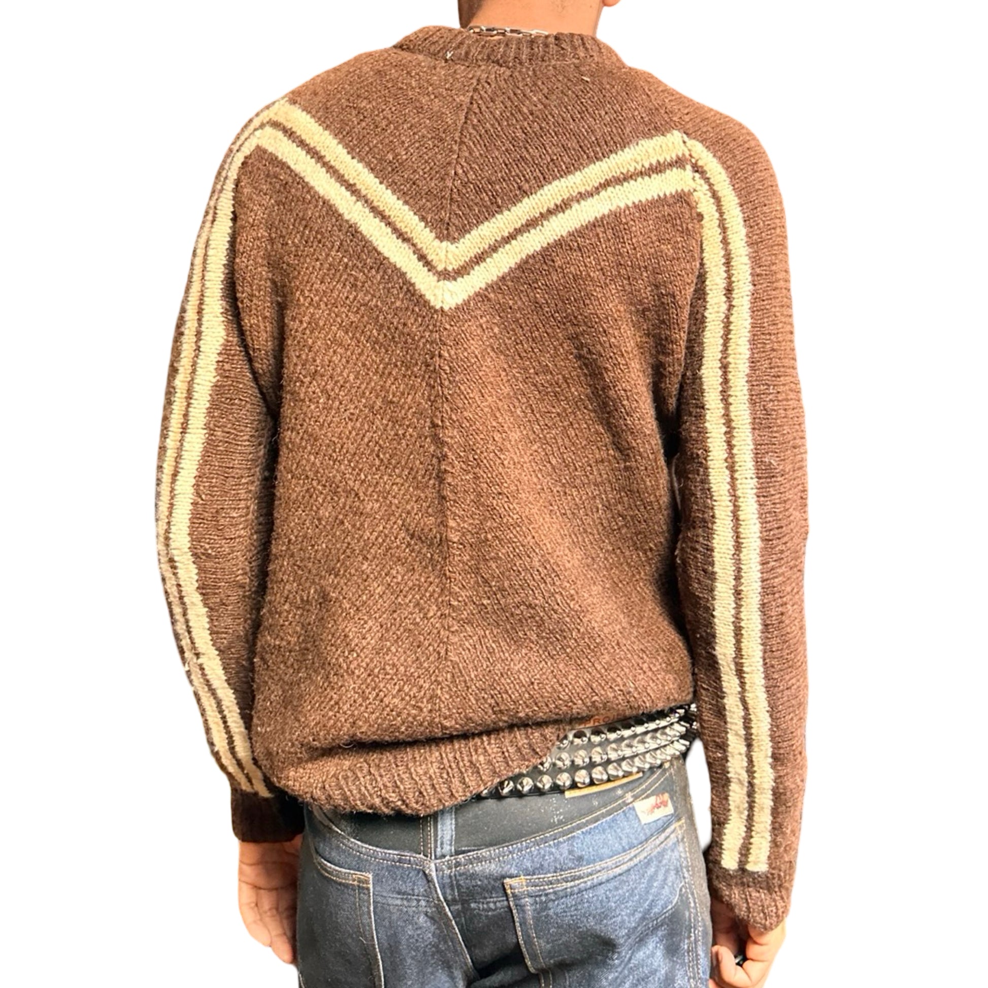 Vintage brown wool sweater with cream V pattern across the chest and sleeves, Prada-inspired design, size large. back 