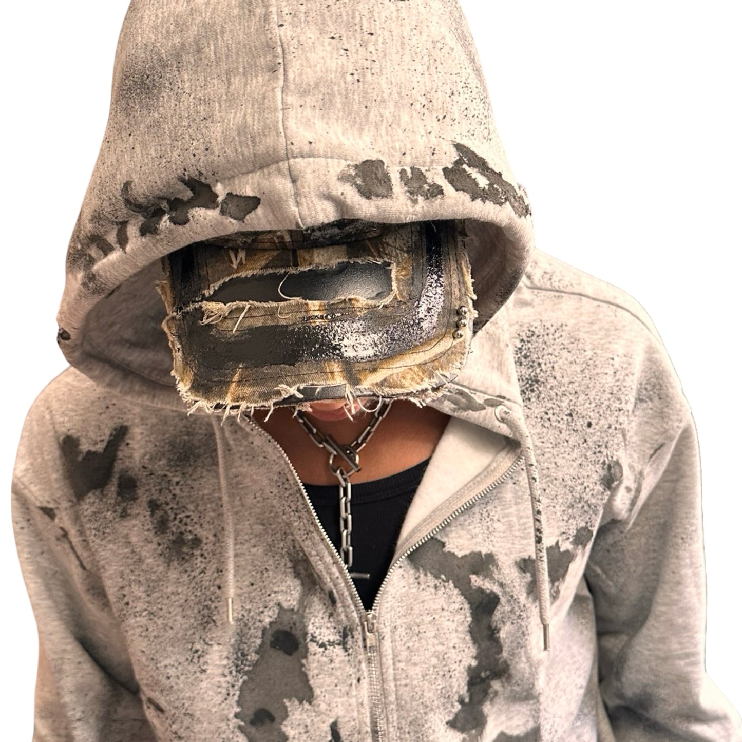 Hood close up of ASTROBOI* grey distressed painted sweatshirt in XL with black hand-painted graphics, raw hem, and relaxed fit. Custom NYC streetwear.