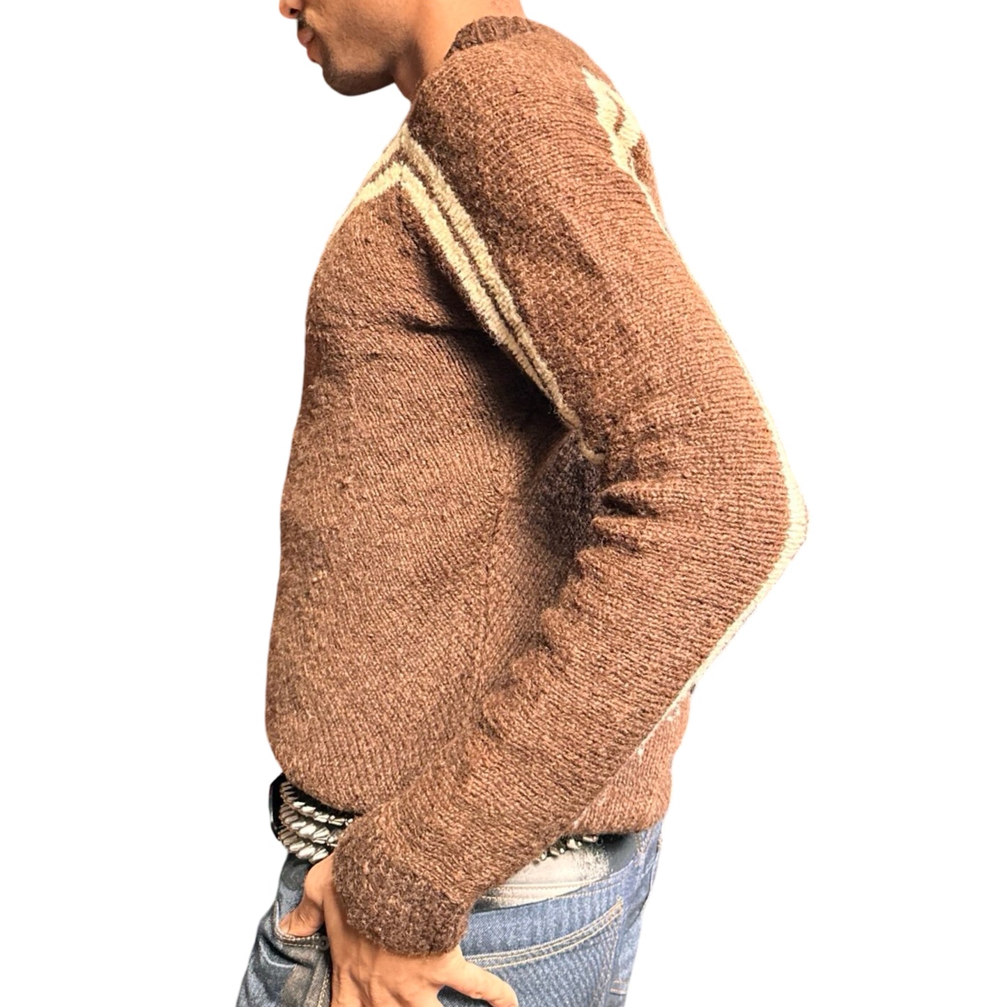 Vintage brown wool sweater with cream V pattern across the chest and sleeves, Prada-inspired design, size large. left 