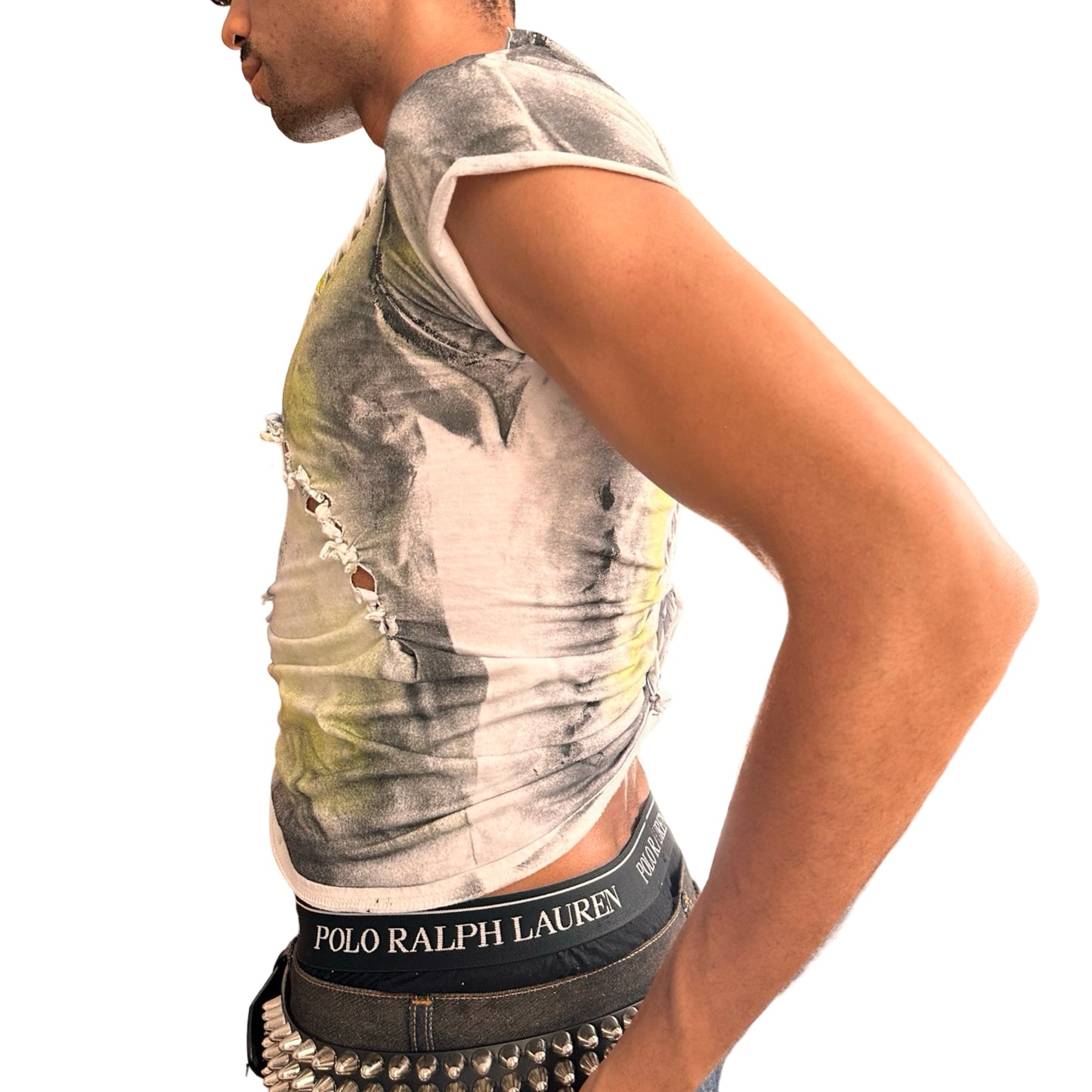 Left view of ASTROBOI* x Gildan ‘Algae’ white braided twist T-shirt with hand-printed design and heavyweight cotton. Custom handmade streetwear from NYC.