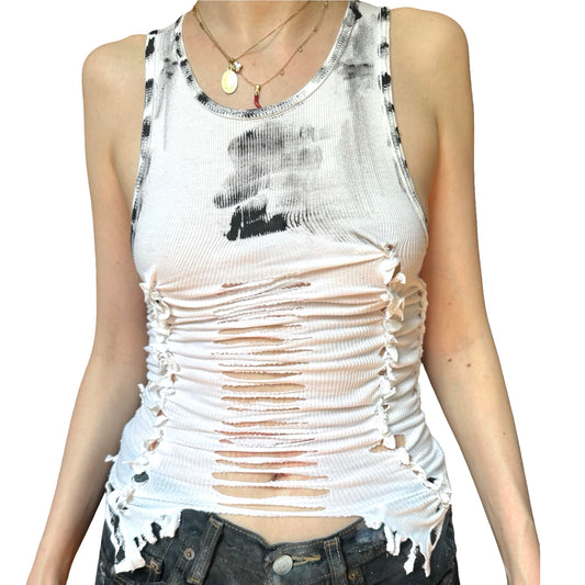 ASTROBOI* 'Smudge' White &amp; Black Painted Braided Twist Tank Top – front 