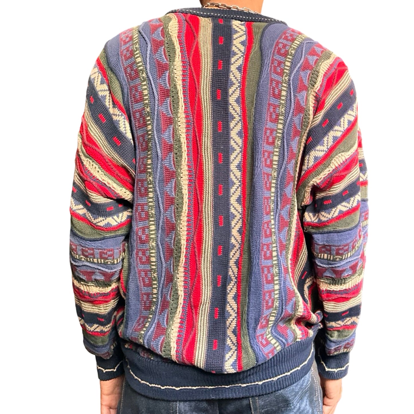 Vintage Cotton Traders blue and red Coogi-style knit sweater with raised textured pattern, 90s dad fit, men's large back side 