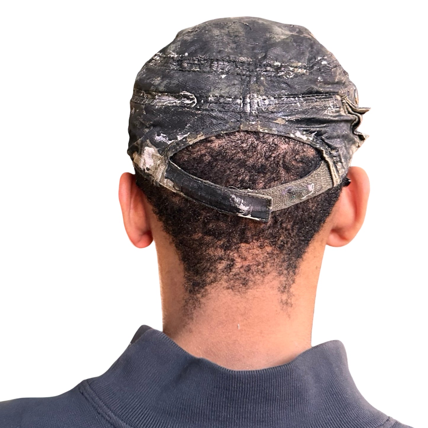 Back of Distressed retro green camouflage hat with hand-painted details and side coin pocket, customized by ASTROBOI* STUDIO in NYC.