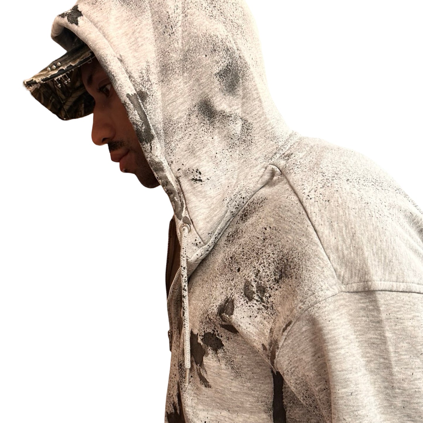 Hood close up of ASTROBOI* grey distressed painted sweatshirt in XL with black hand-painted graphics, raw hem, and relaxed fit. Custom NYC streetwear.