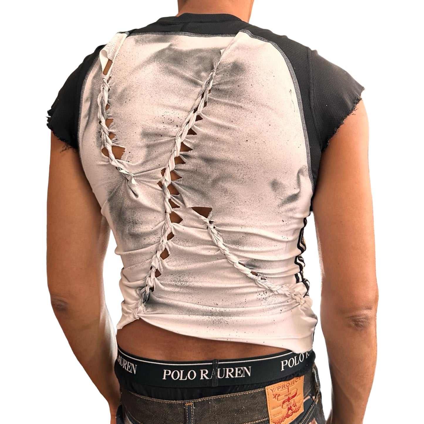 Back view of ASTROBOI* x Adidas white compression T-shirt with black hand-painted details and braided twists. Custom streetwear piece made in NYC by ASTROBOI* STUDIO.