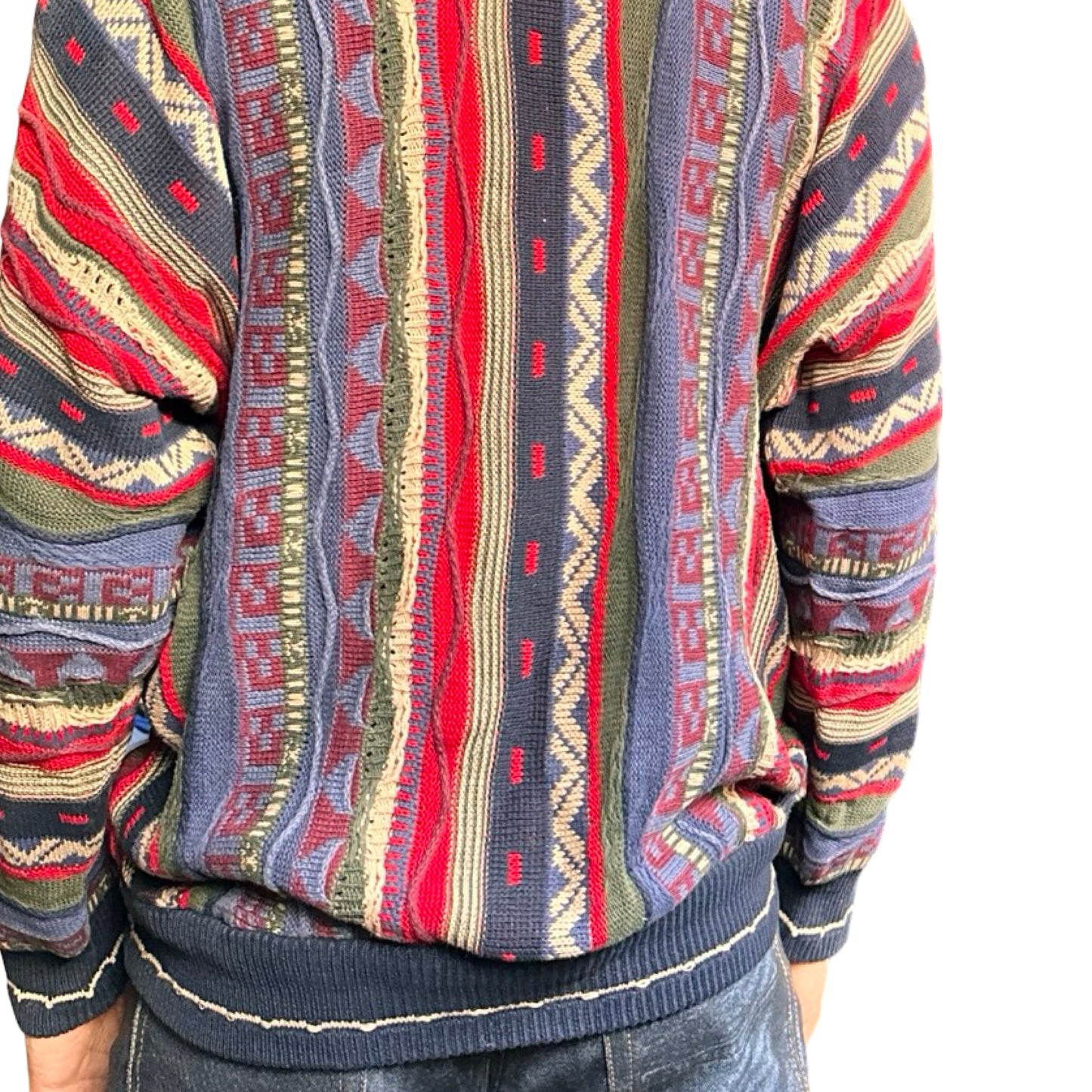 Vintage Cotton Traders blue and red Coogi-style knit sweater with raised textured pattern, 90s dad fit, men's large close up of back 