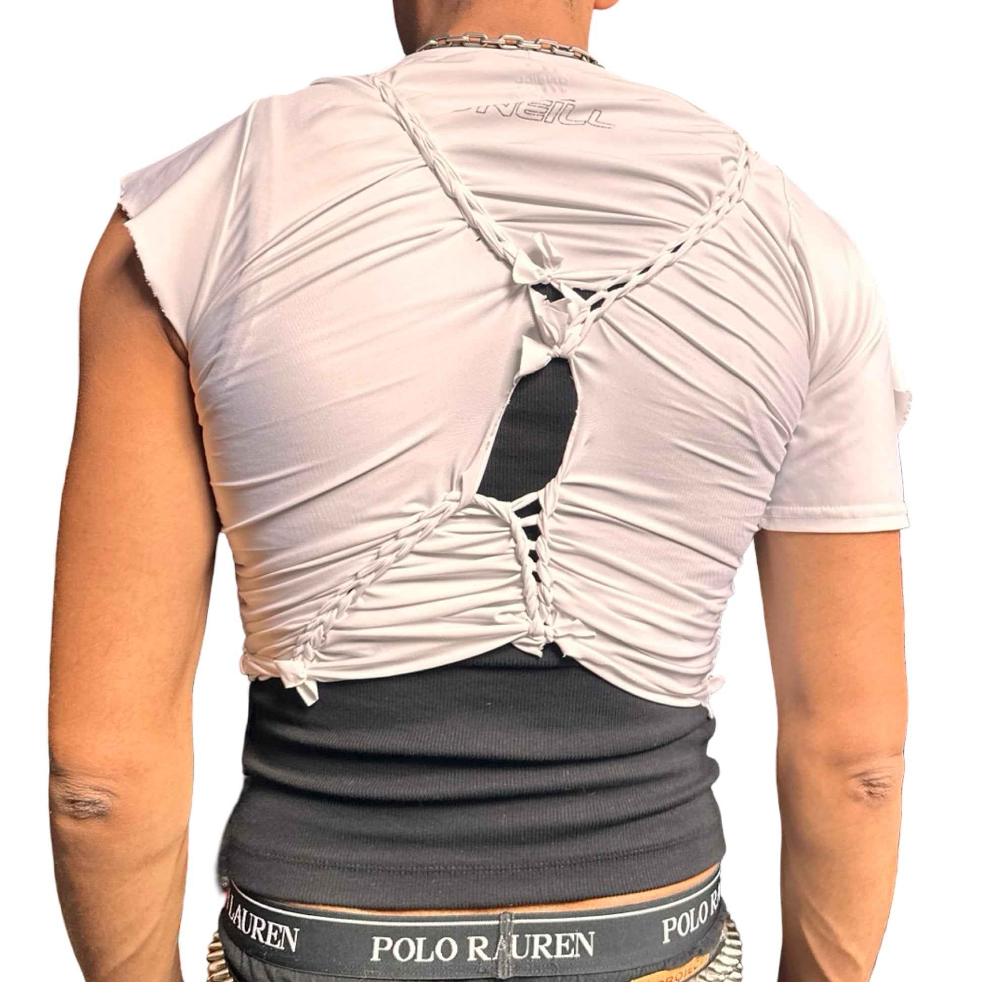 Back view of ASTROBOI* x O’NEIL white braided compression top with deconstructed logo, front body braids, and slim fit. Handmade in Brooklyn with UPF 50+ fabric.