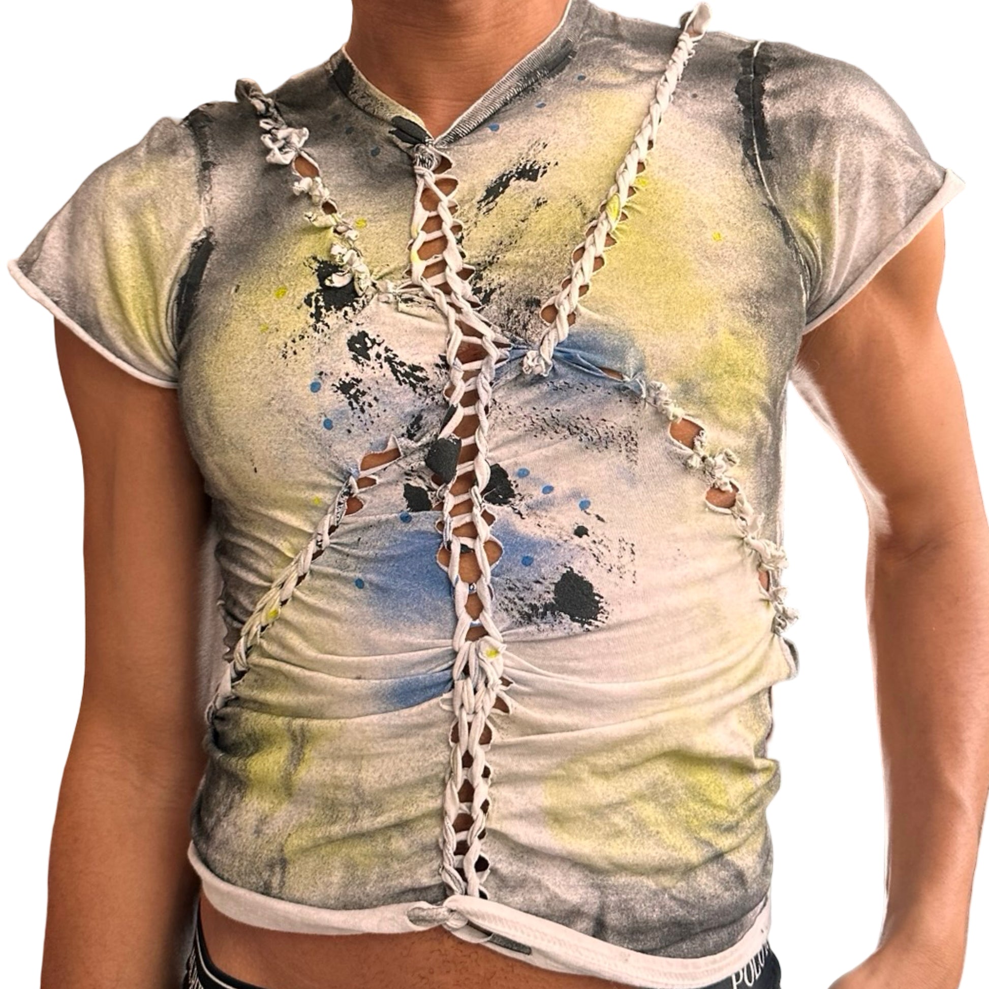 Close up of ASTROBOI* x Gildan ‘Algae’ white braided twist T-shirt with hand-printed design and heavyweight cotton. Custom handmade streetwear from NYC.