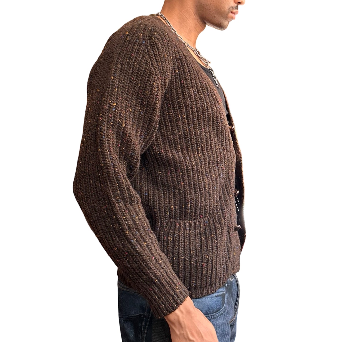 Man wearing a brown knitted cardigan on a white background
