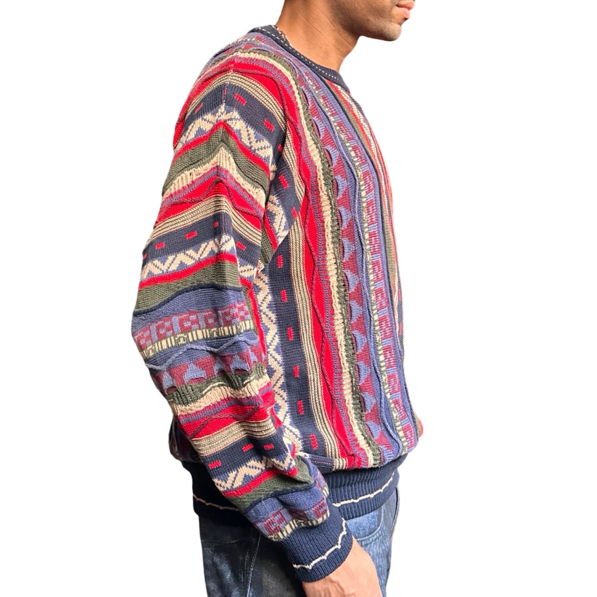 Vintage Cotton Traders blue and red Coogi-style knit sweater with raised textured pattern, 90s dad fit, men's large right side 