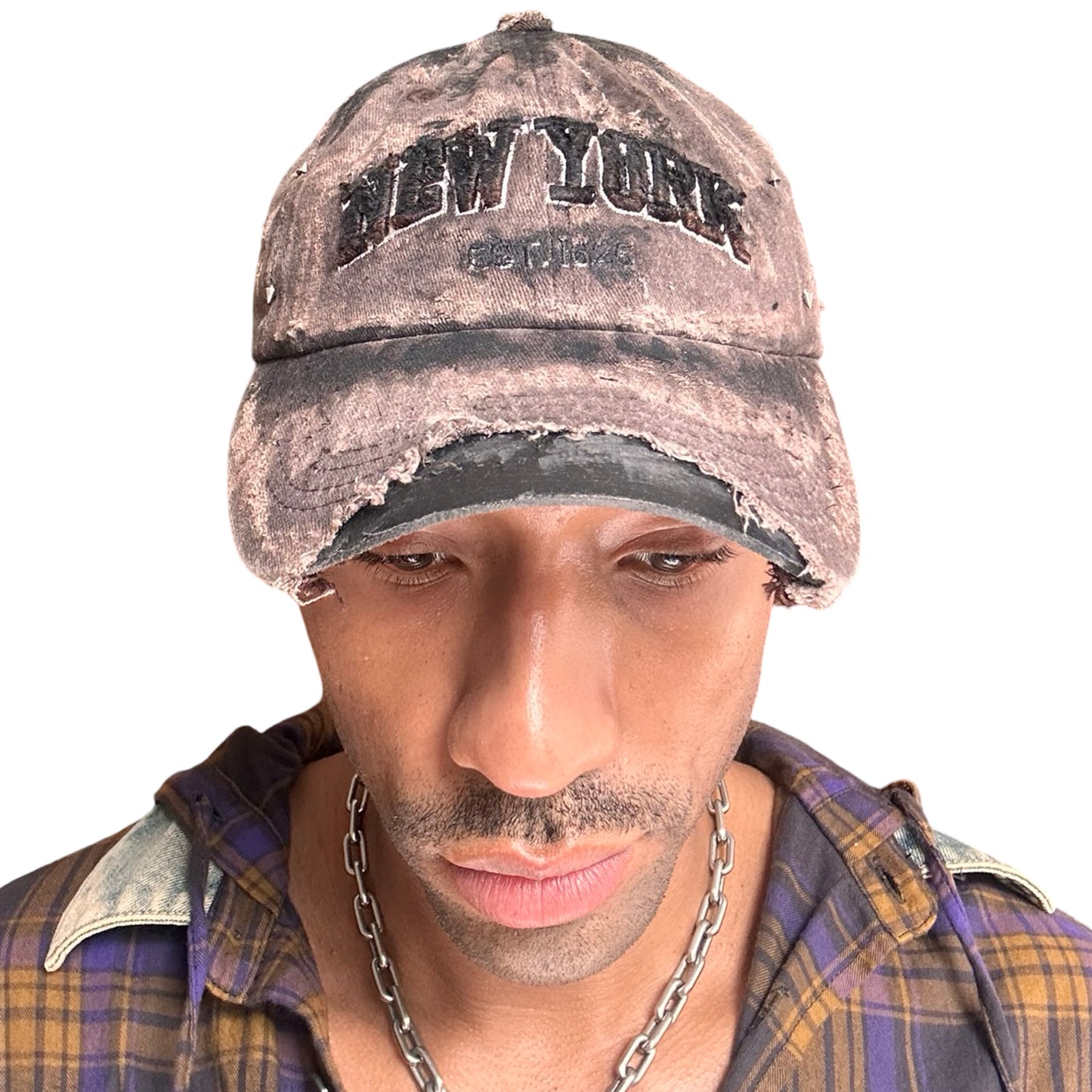 ASTROBOI* NEW YORK 'Soil' Brown & Black Distressed Pierced Hat - overview