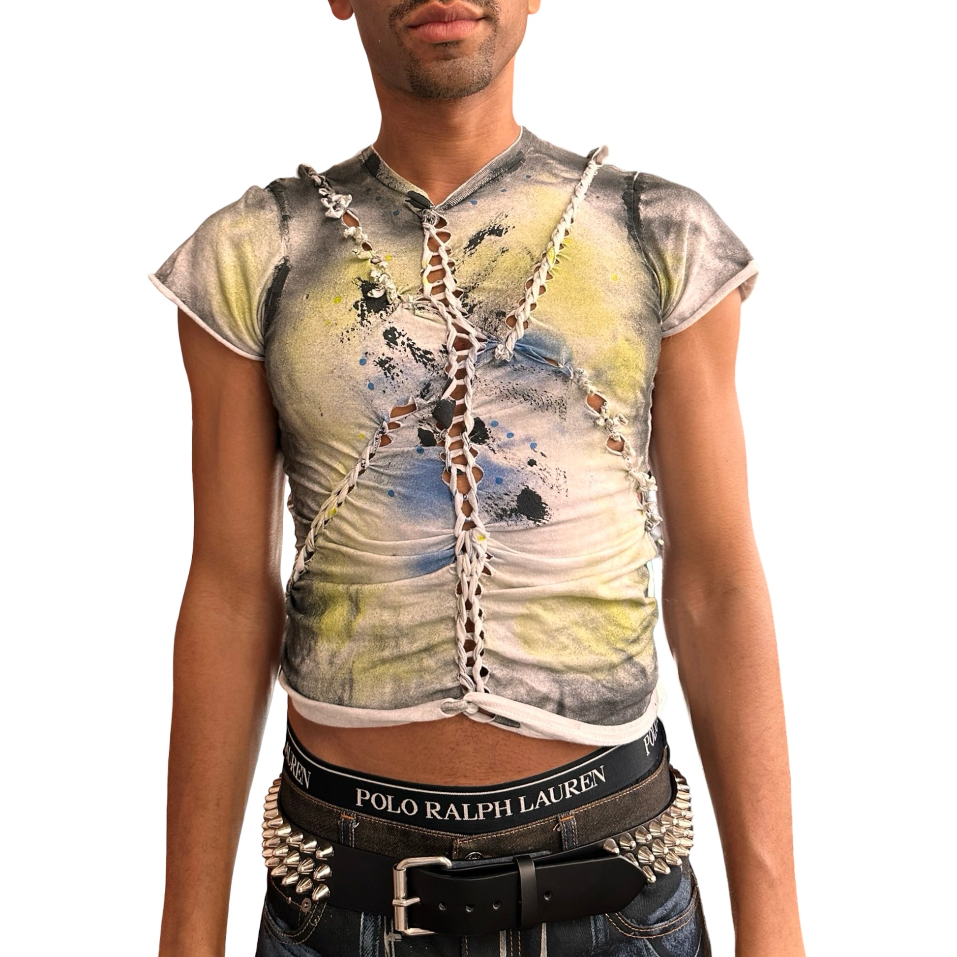 Overview of ASTROBOI* x Gildan ‘Algae’ white braided twist T-shirt with hand-printed design and heavyweight cotton. Custom handmade streetwear from NYC.