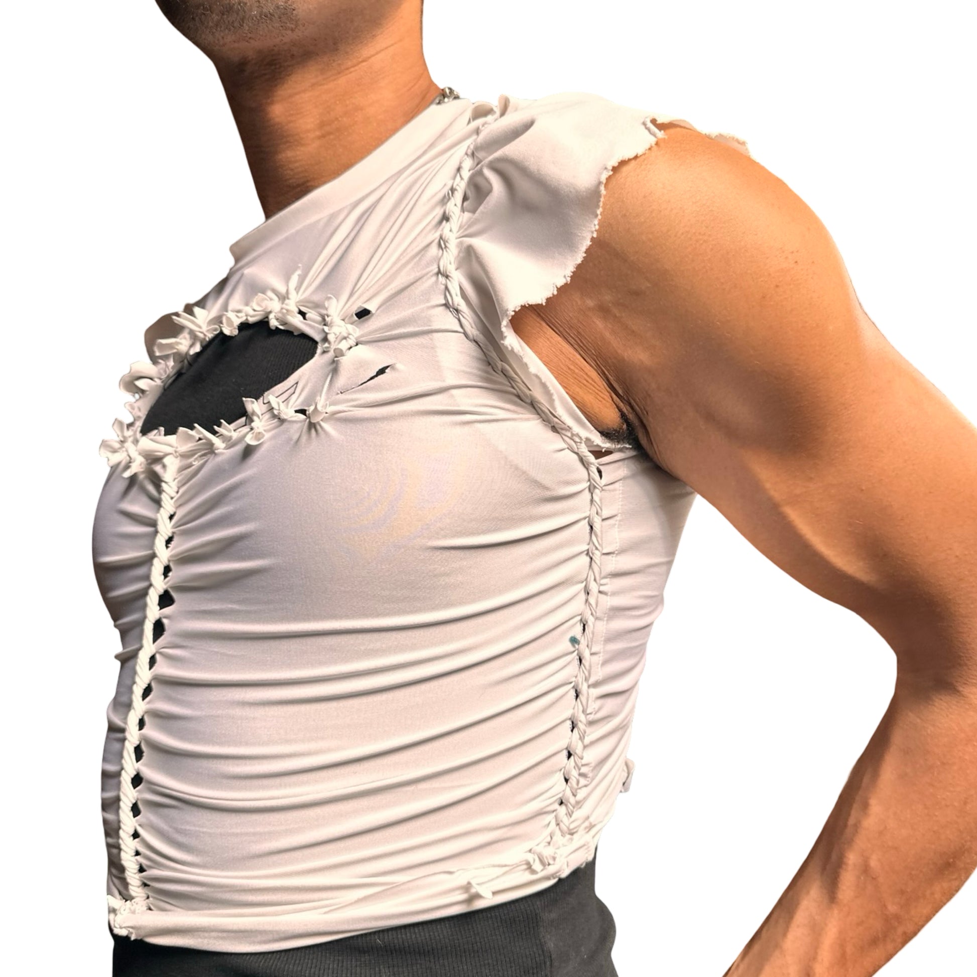 Left side of ASTROBOI* x O’NEIL white braided compression top with deconstructed logo, front body braids, and slim fit. Handmade in Brooklyn with UPF 50+ fabric.