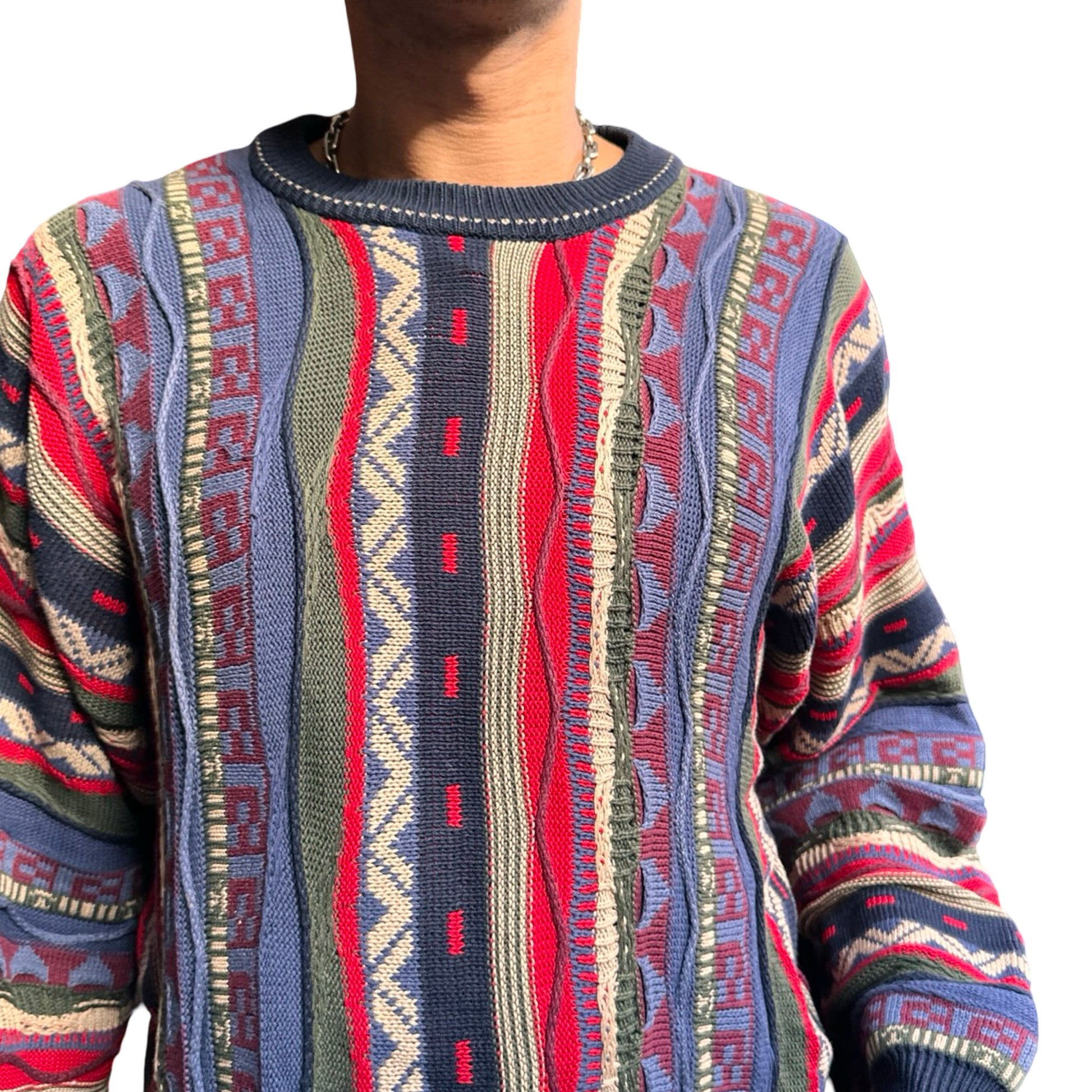 Vintage Cotton Traders blue and red Coogi-style knit sweater with raised textured pattern, 90s dad fit, men's large close up 