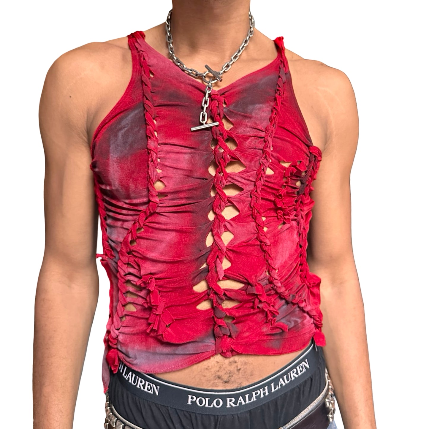 Red braided and knotted festival sleeveless tank top - front 