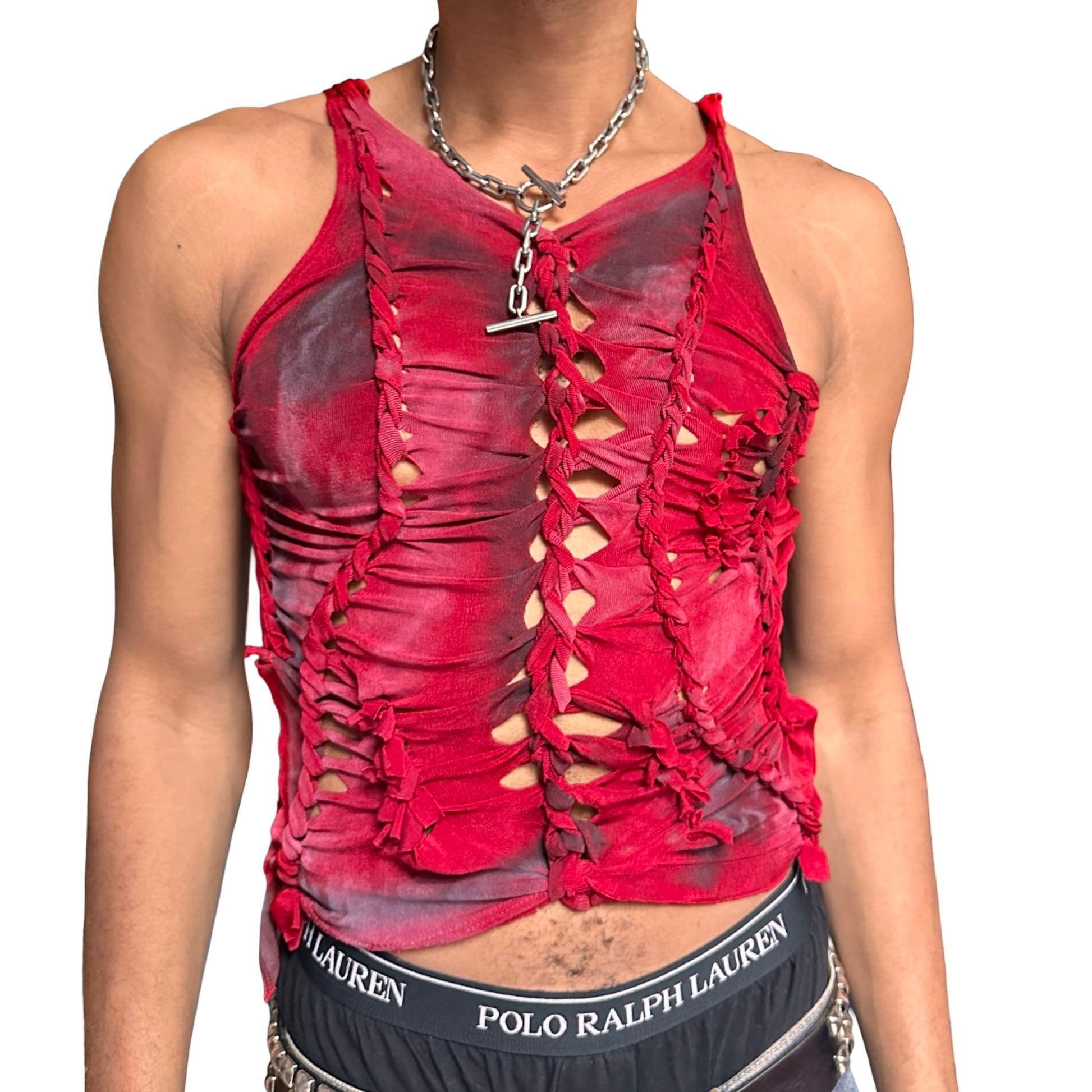 Red braided and knotted festival sleeveless tank top - front 