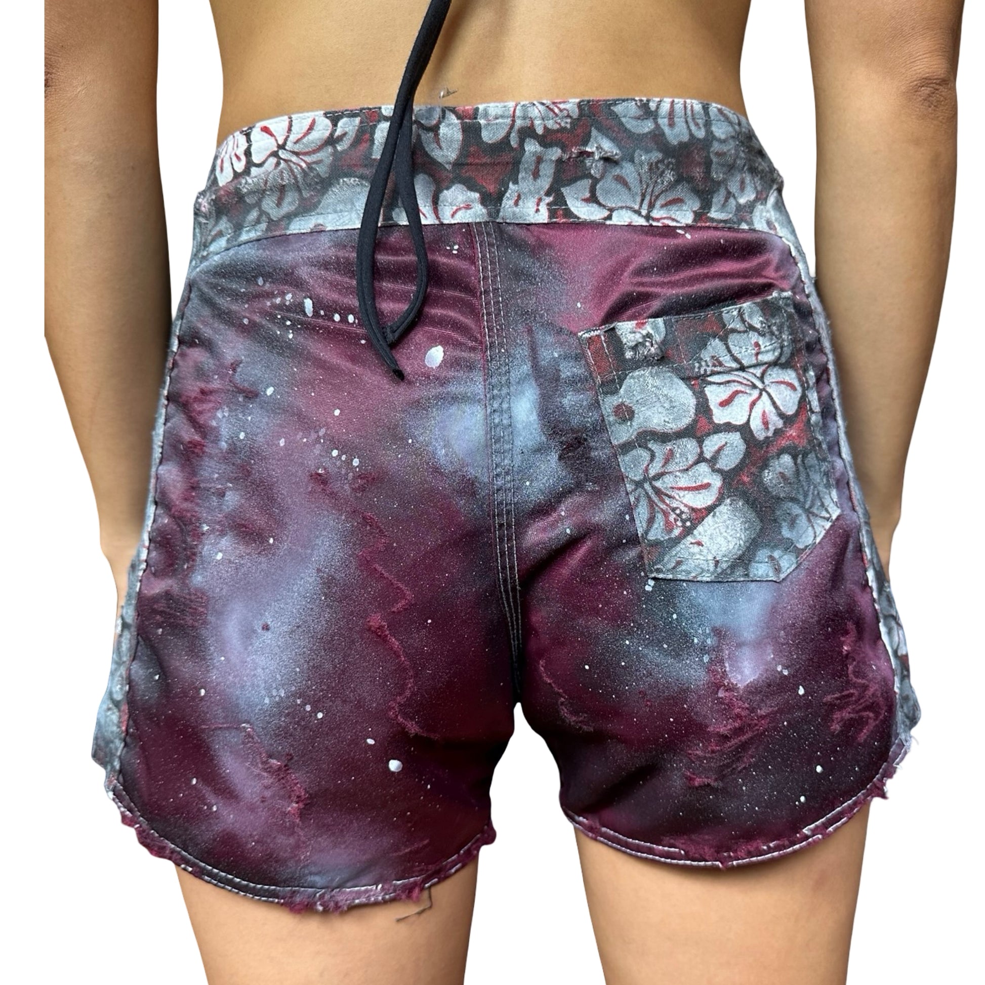 ASTROBOI* Y2K Women's Maroon Hibiscus Nylon Grunge Board Shorts –  back 