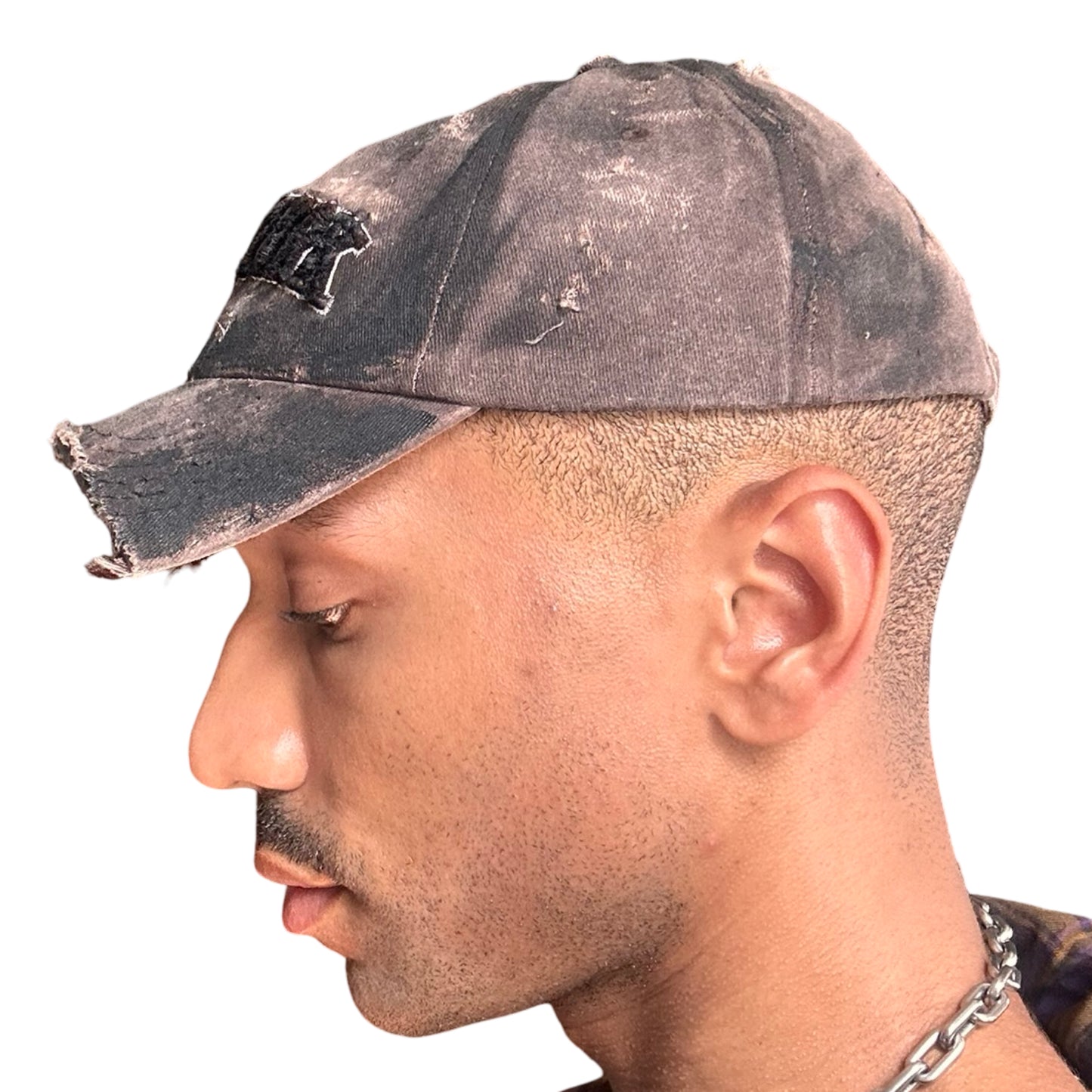 ASTROBOI* NEW YORK 'Joe Dirt' Brown & Black Distressed Half Visor Hat - left 