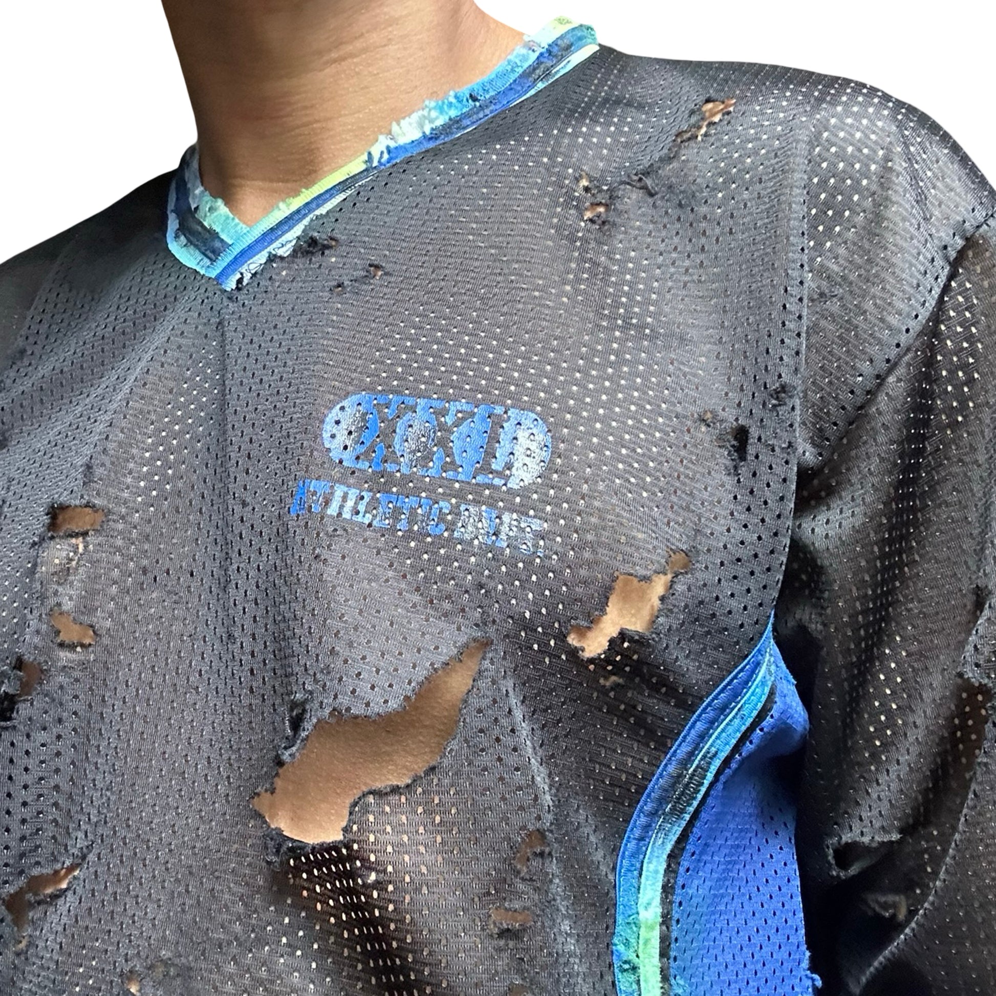 ASTROBOI* XXL Black & Blue Distressed Mesh Grunge Jersey - chest 