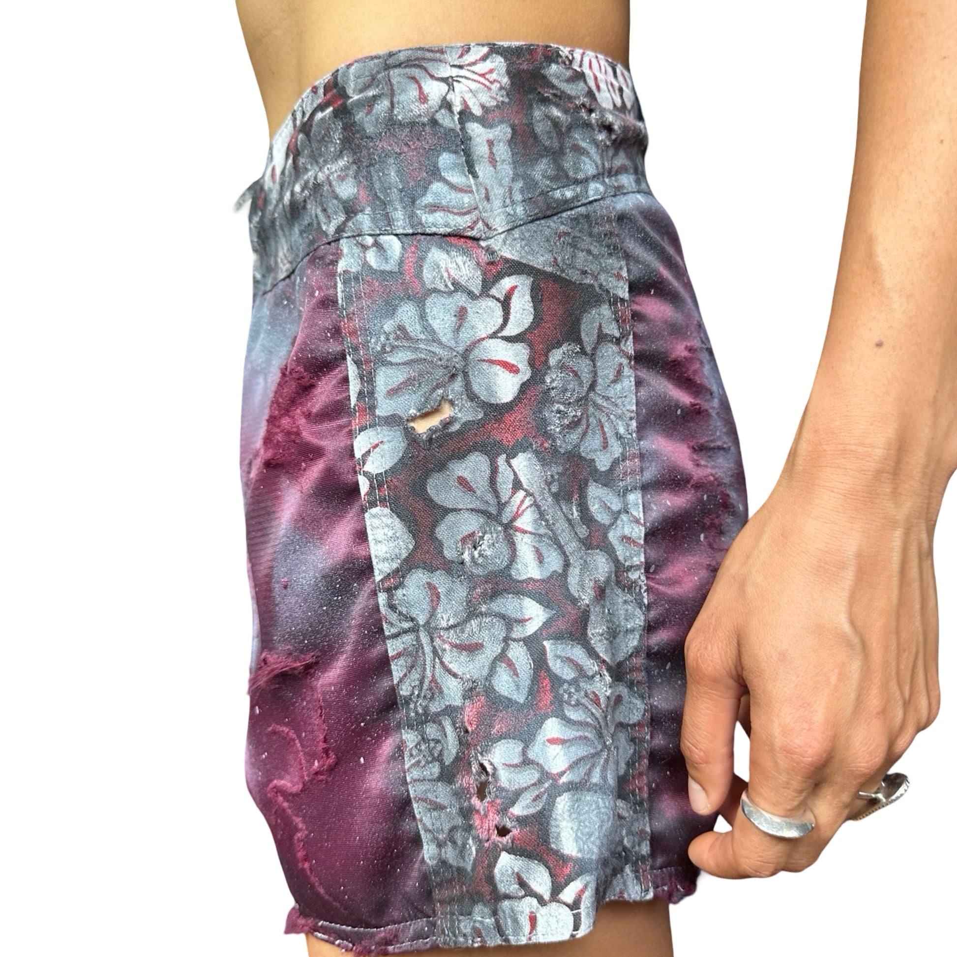 ASTROBOI* Y2K Women's Maroon Hibiscus Nylon Grunge Board Shorts –  left 