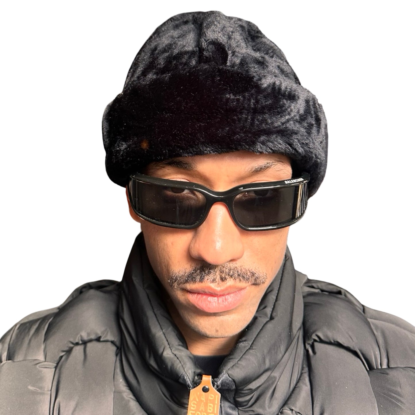 Front overview of Vintage black faux-fur winter hat with plush vegan fur and rounded silhouette, shown in great condition.