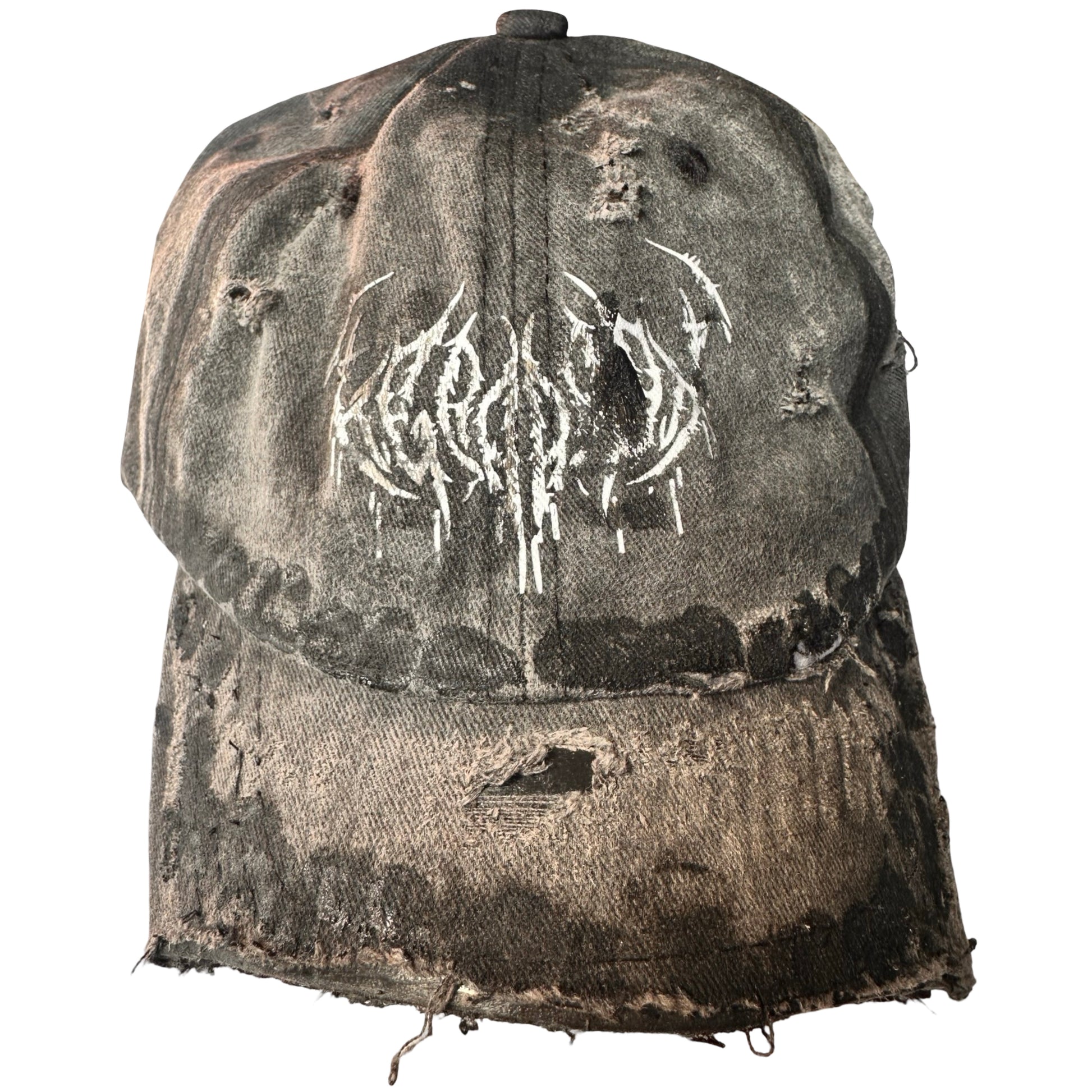 ASTROBOI* 'Indie 400' Black Distressed Pierced Half Visor Hat -  flat front close up 