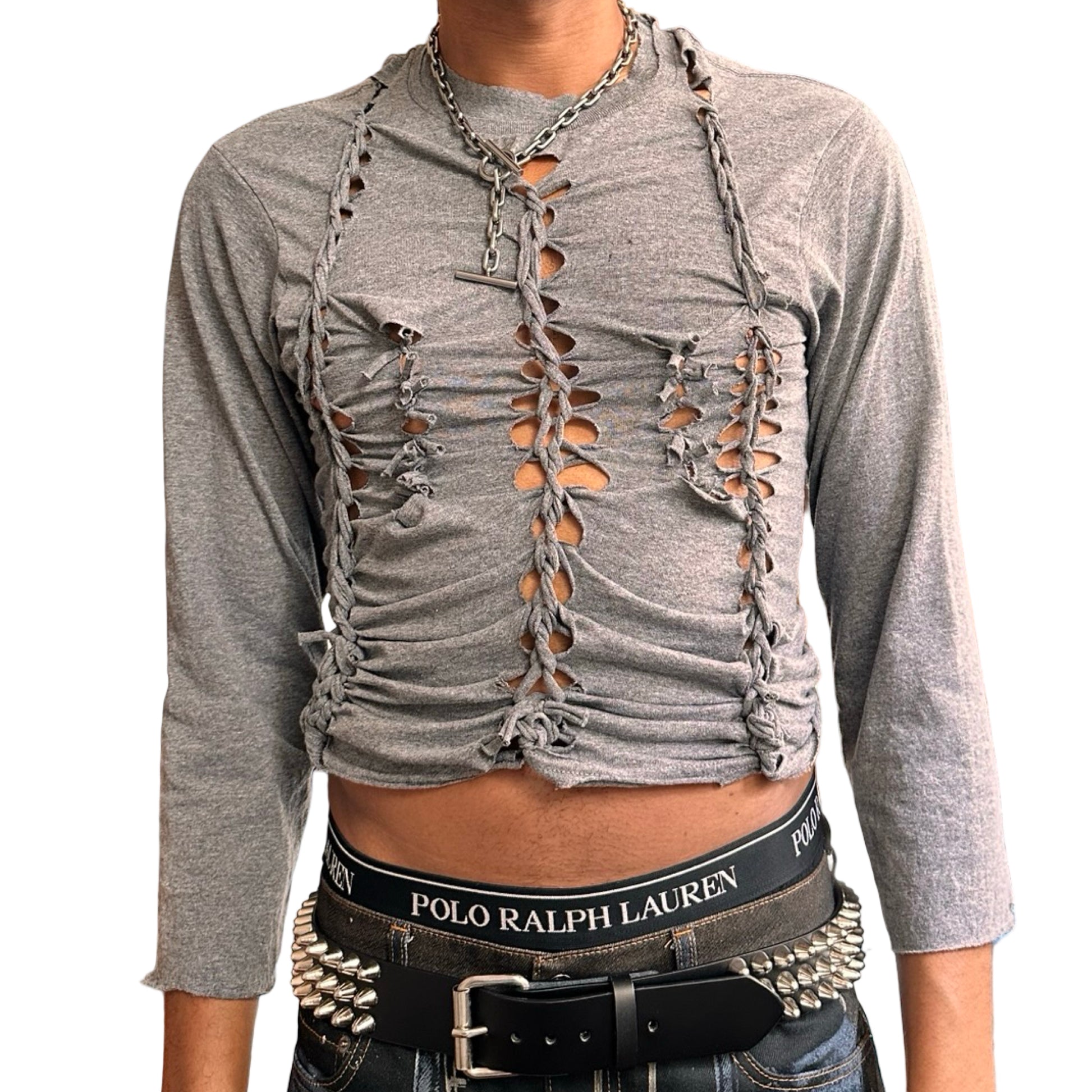 Front of ASTROBOI* x Gildan ‘Harness’ grey braided twist long sleeve shirt with tight body, loose sleeves, and hand-braided detailing. Custom NYC streetwear.