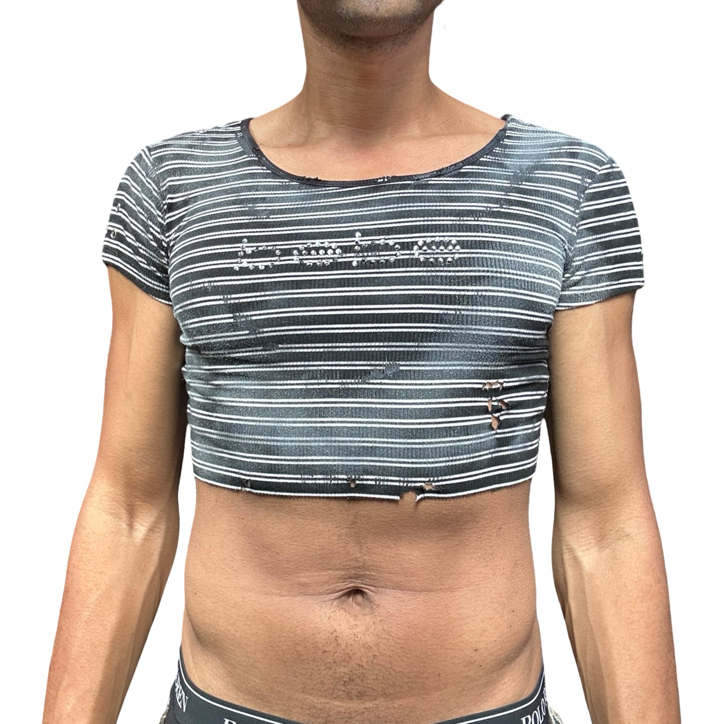 ASTROBOI* BEBE Black & White Striped Crop Top - front 2