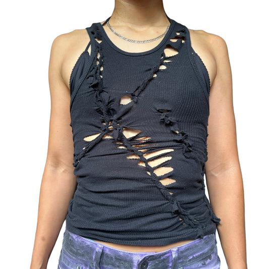 ASTROBOI* x Gildan 'Octavos' Black Asymmetric Braided Twist Tank Top - woman front 