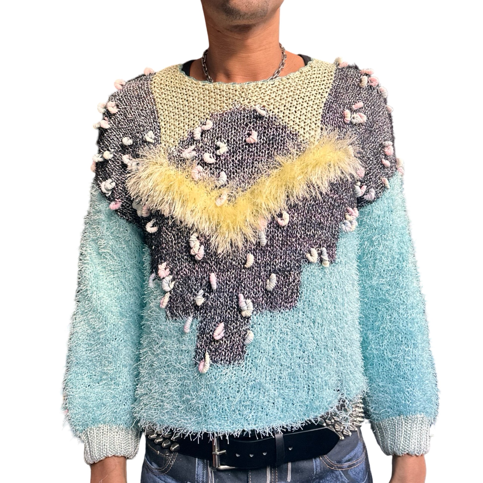 Vintage blue and yellow hand-knit granny sweater with crescent yarn accents and boxy cropped fit, size XL. Front 