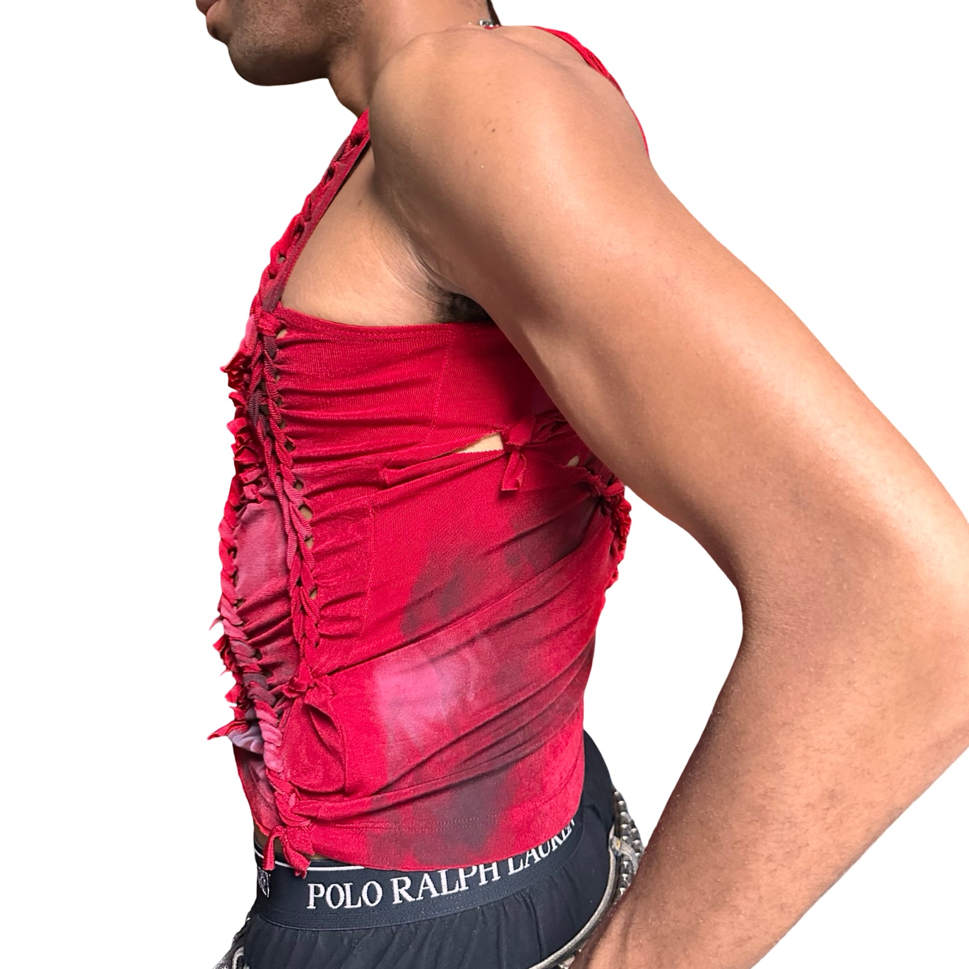 Red braided and knotted festival sleeveless tank top - left 