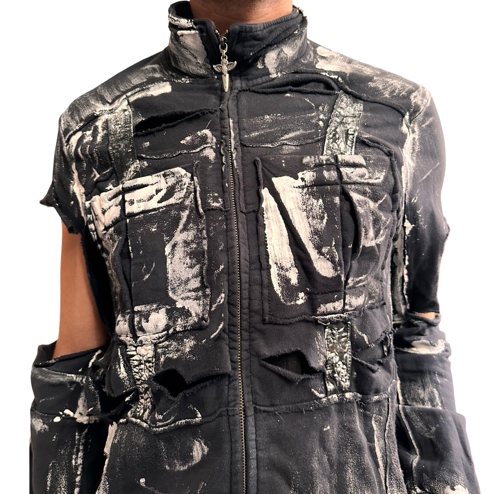 Front close up of ASTROBOI* navy & white deconstructed zip-up sweatshirt with cut outs and paint details. One-of-a-kind handmade NYC streetwear in XL.