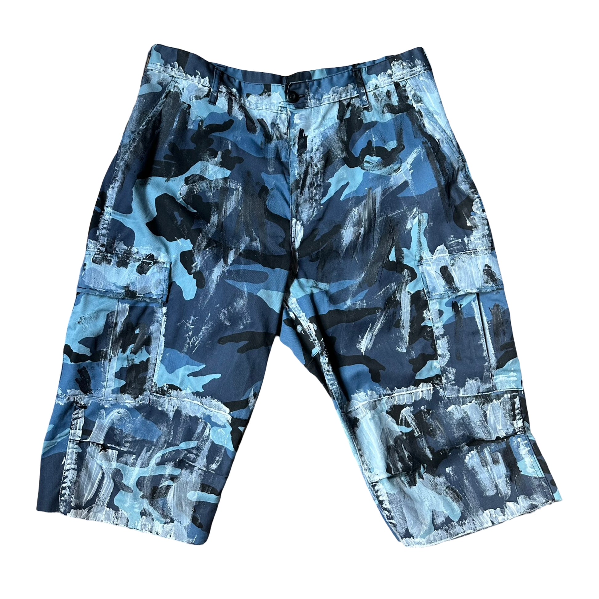 ASTROBOI* x ROTHCO Painted Blue Camouflage Utility Shorts - flat  front 